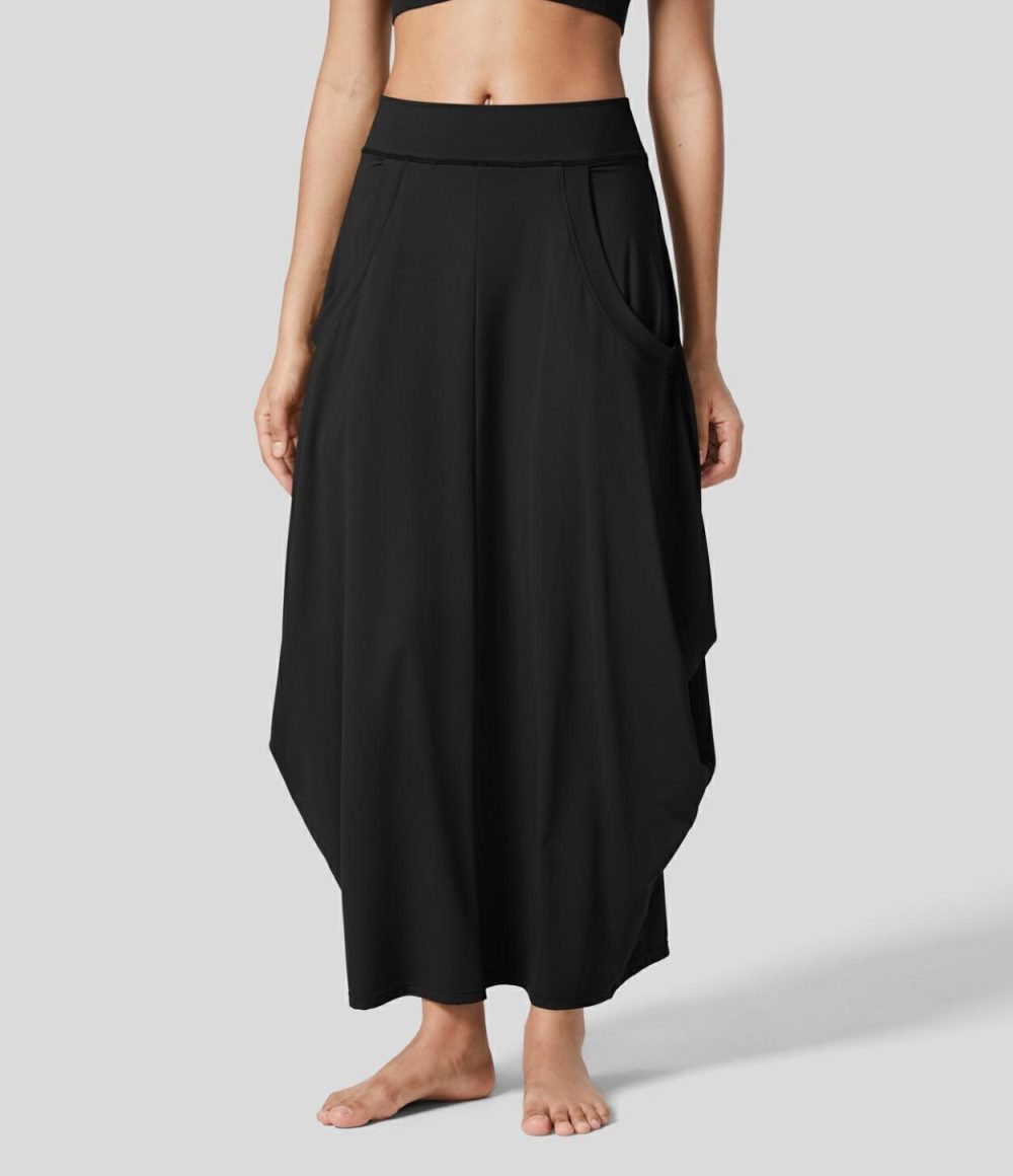 Mid Rise Multiple Pockets Side Draped Maxi Casual Lantern Skirt  | Womens  Everyday Skirts Clothing Everyday Skirts