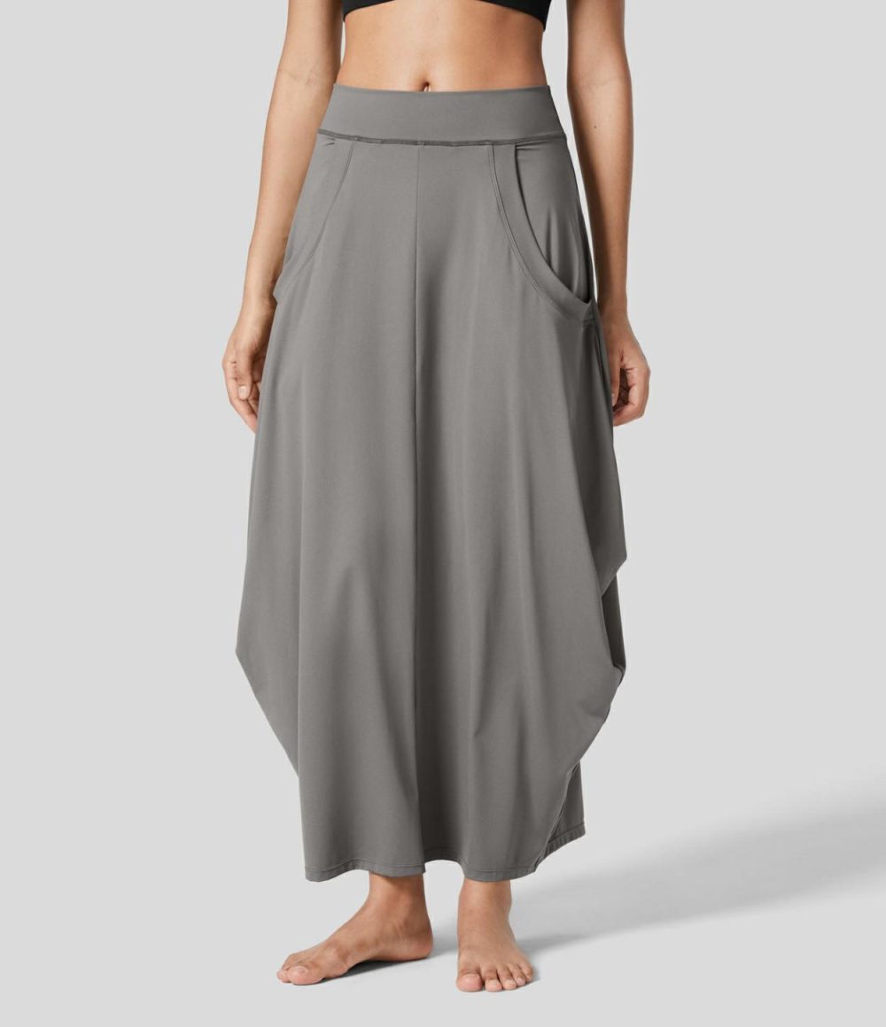 Mid Rise Multiple Pockets Side Draped Maxi Casual Lantern Skirt  | Womens  Everyday Skirts Clothing Everyday Skirts