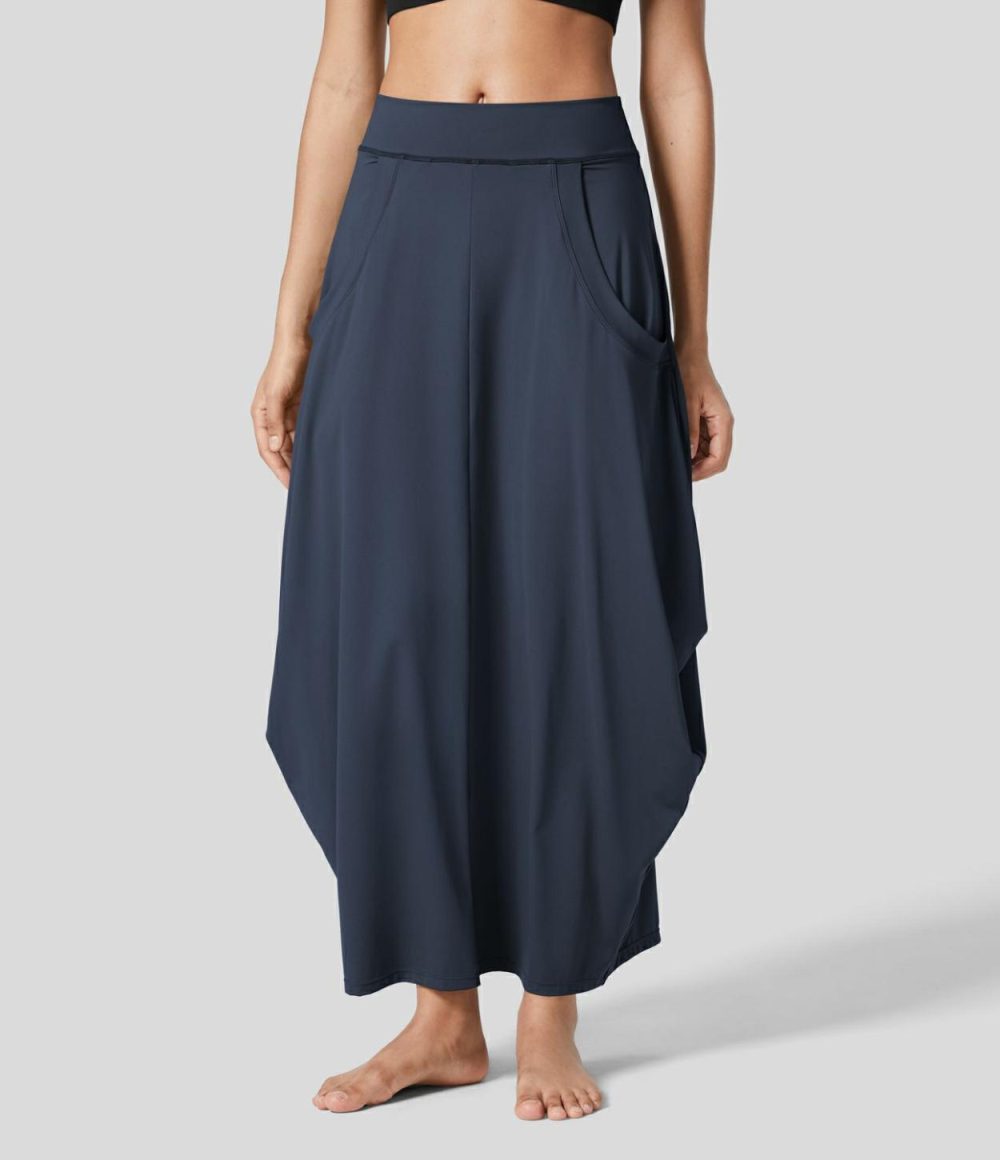 Mid Rise Multiple Pockets Side Draped Maxi Casual Lantern Skirt  | Womens  Everyday Skirts Clothing Everyday Skirts