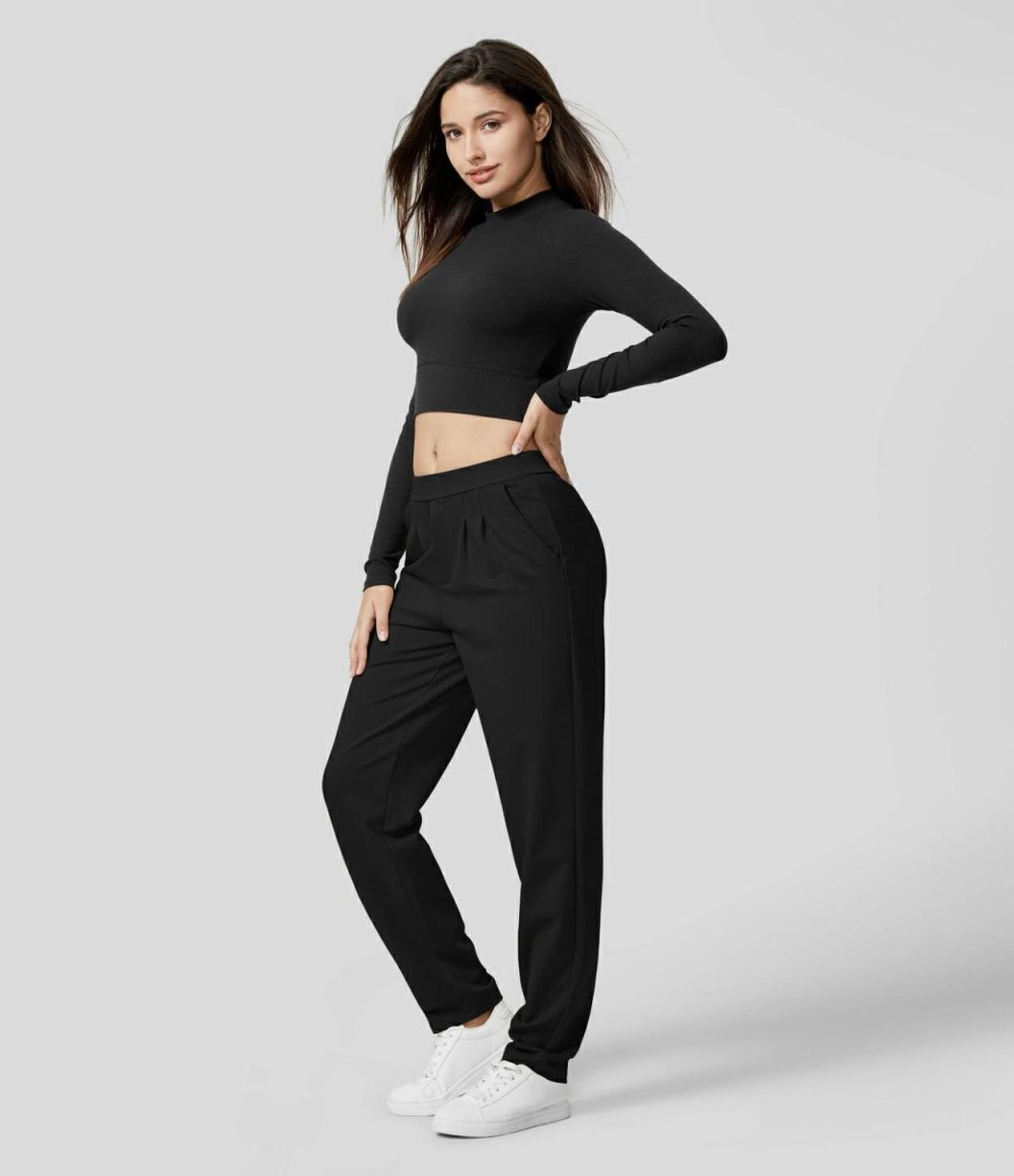 Mid Rise Plicated Side Pocket Work Tapered Pants  | Womens  Active Work Pants Active Work Pants Active Work Pants