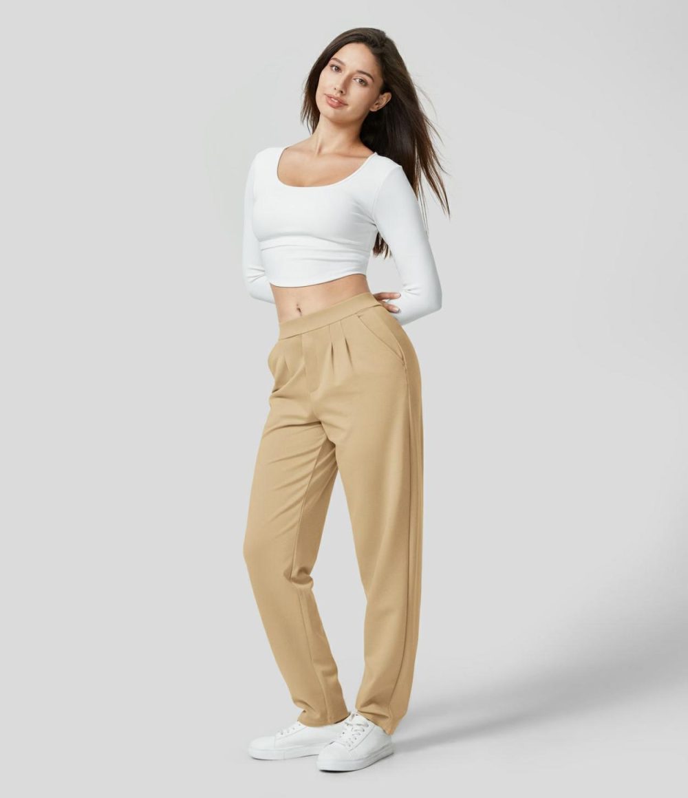 Mid Rise Plicated Side Pocket Work Tapered Pants  | Womens  Active Work Pants Active Work Pants Active Work Pants