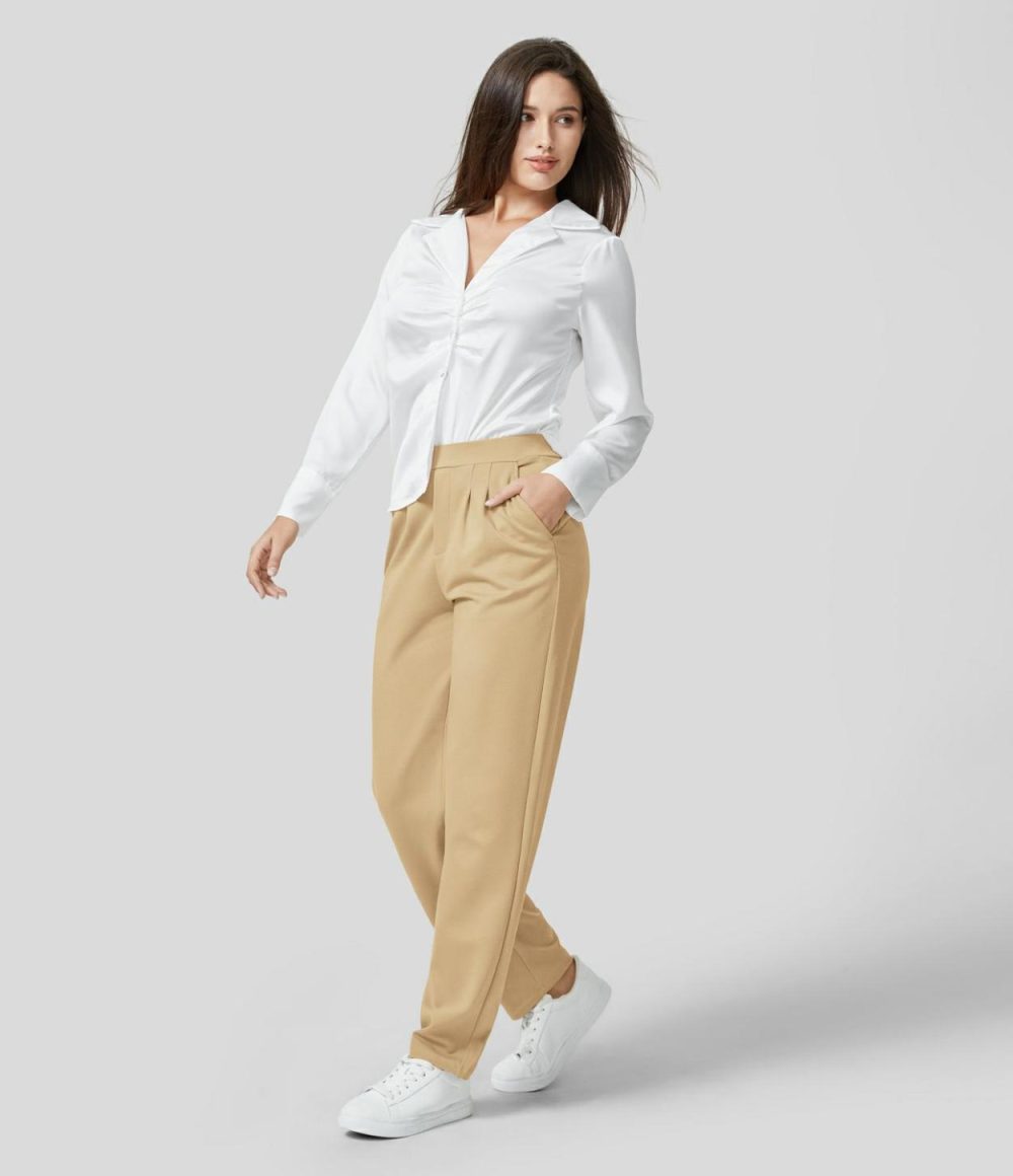 Mid Rise Plicated Side Pocket Work Tapered Pants  | Womens  Active Work Pants Active Work Pants Active Work Pants