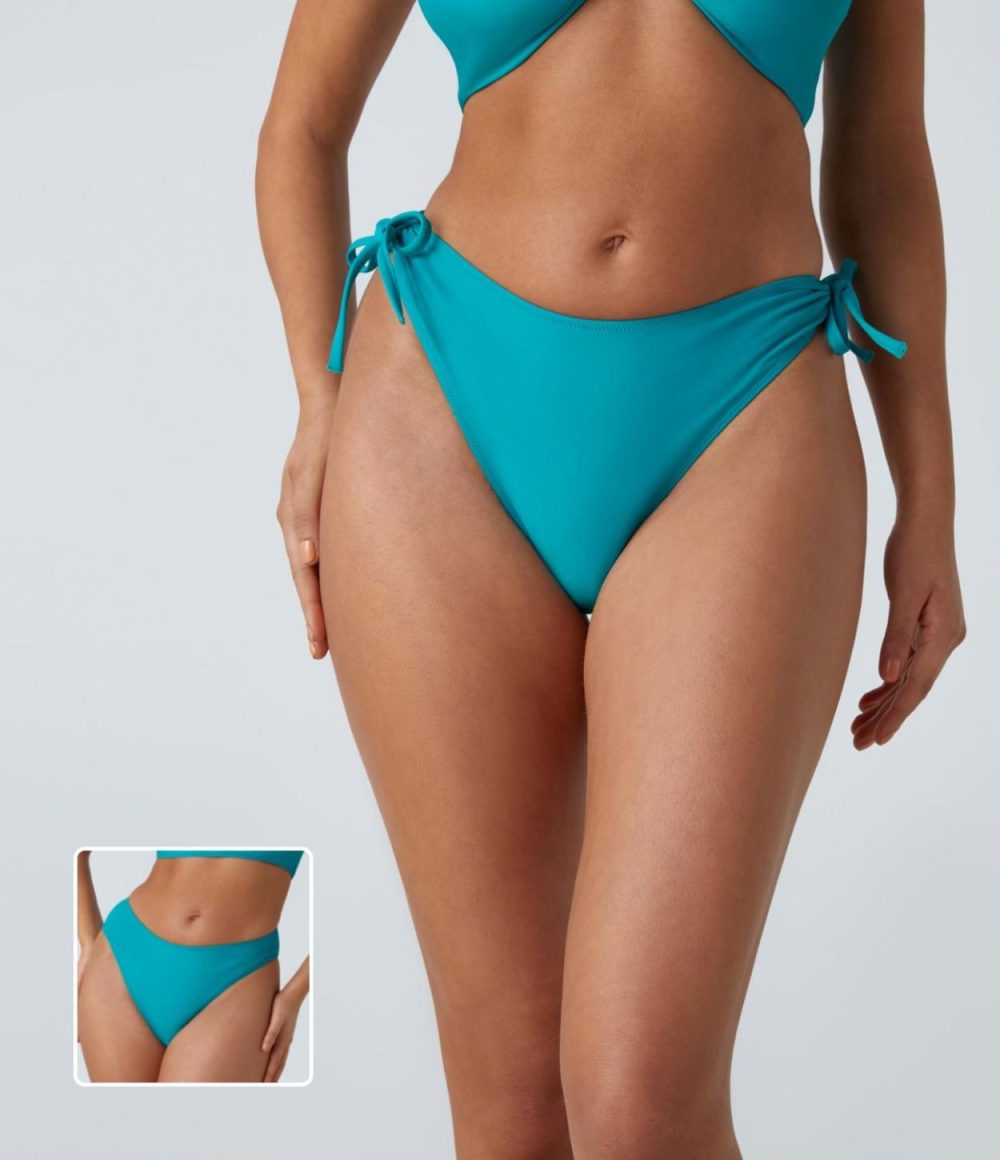 Mid Rise Removable Tie Side Bikini Bottom Swimsuit  | Womens  Swimwear Bottoms Clothing Lake Blue/Black