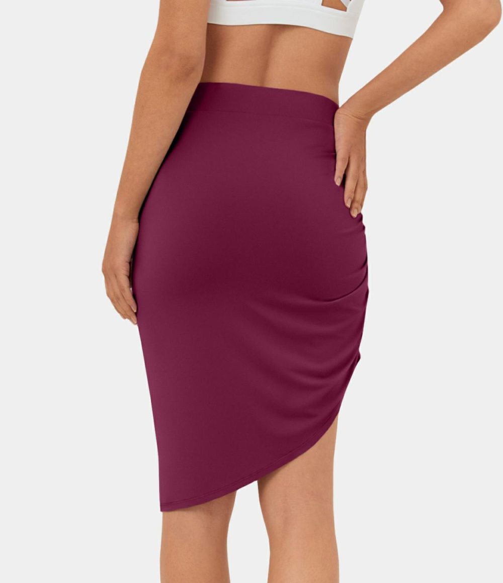 Mid Rise Ruched Asymmetric Hem Bodycon Mini Casual Skirt  | Womens  Mini Skirts Clothing Black/Red Violet/Sterling Blue