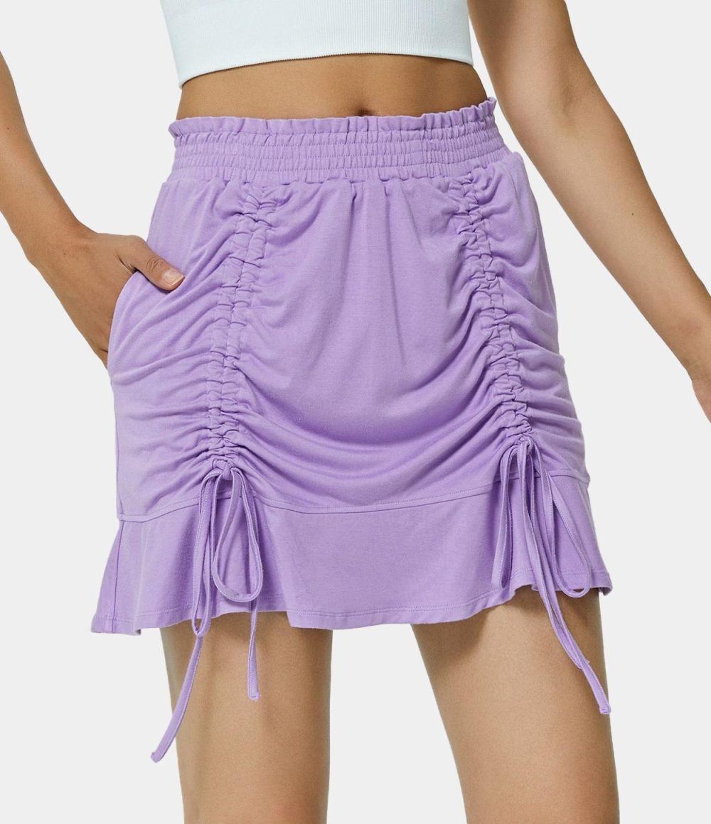 Mid Rise Shirred Waist Drawstring Plain Skirt  | Womens  Mini Skirts Clothing Light Purple/Pistachio