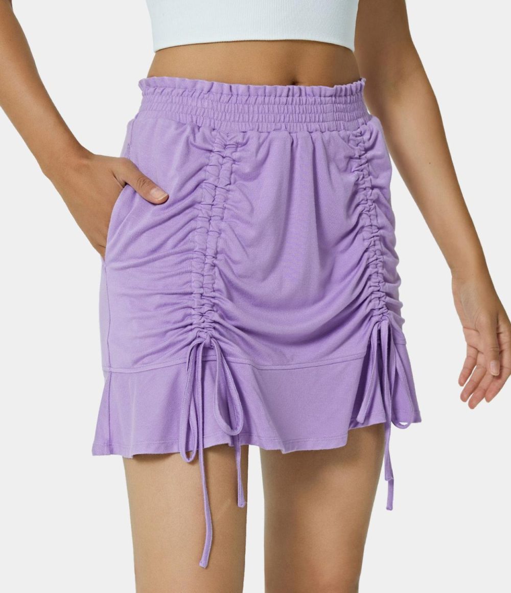 Mid Rise Shirred Waist Drawstring Plain Skirt  | Womens  Mini Skirts Clothing Light Purple/Pistachio