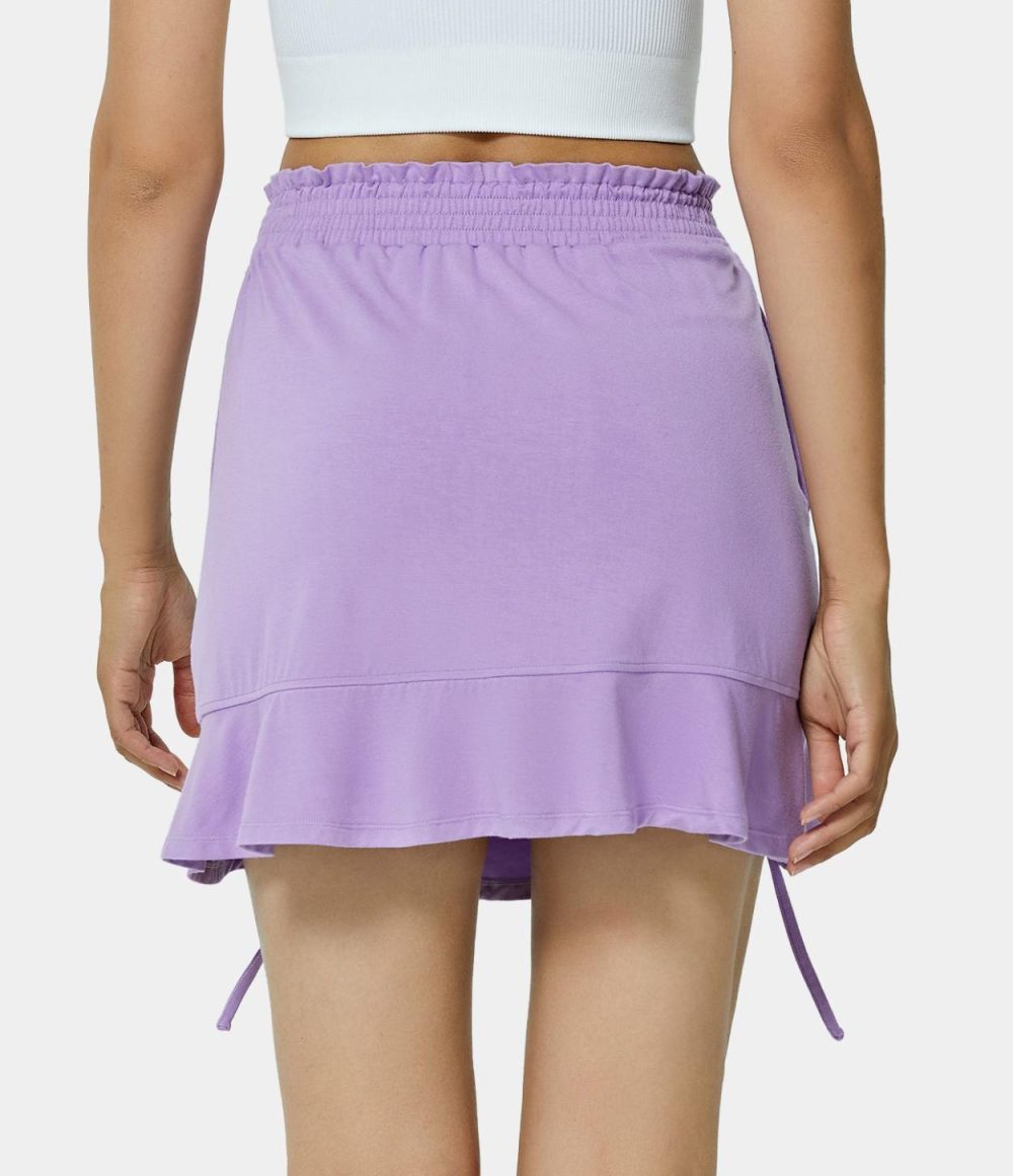 Mid Rise Shirred Waist Drawstring Plain Skirt  | Womens  Mini Skirts Clothing Light Purple/Pistachio