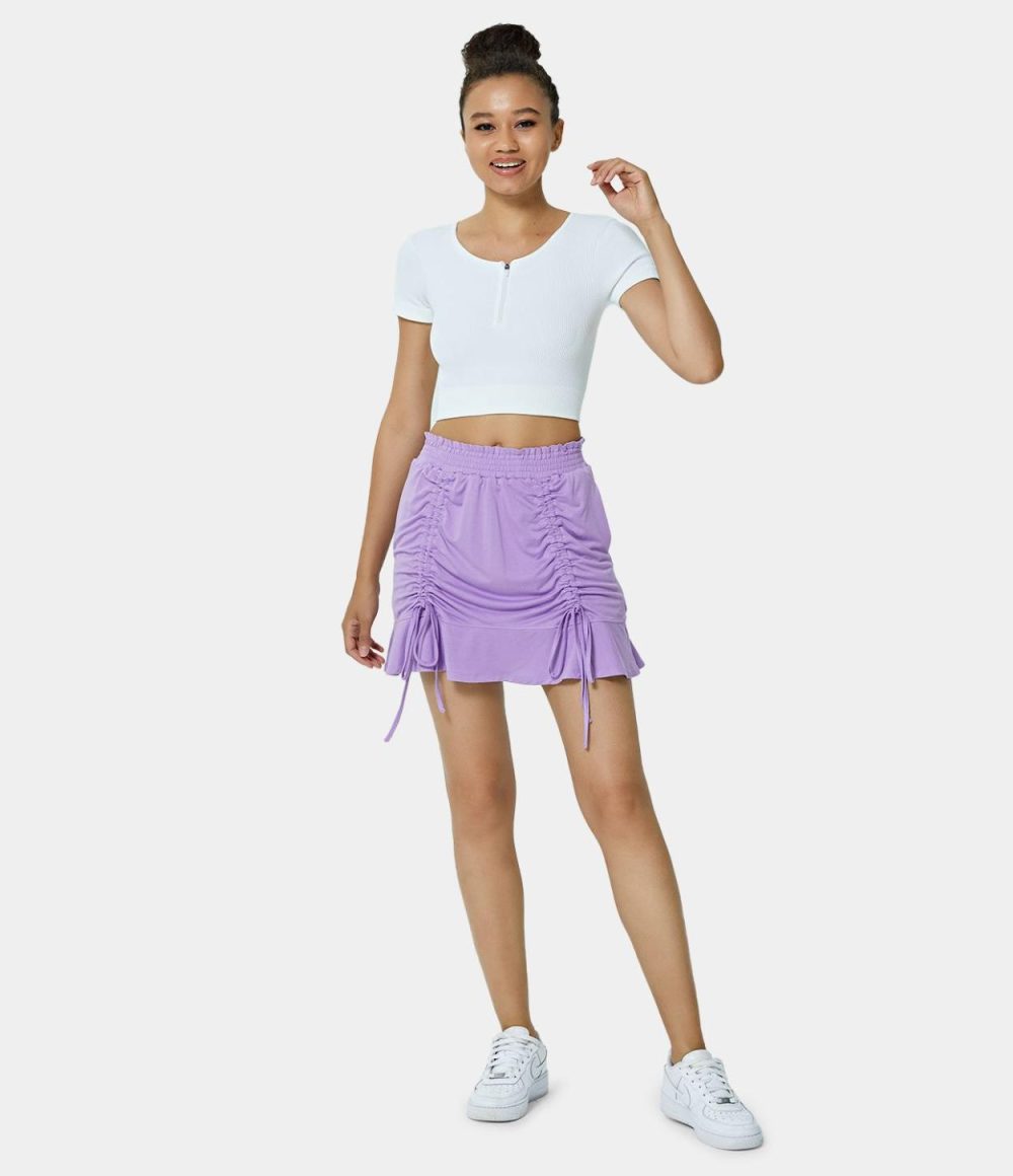 Mid Rise Shirred Waist Drawstring Plain Skirt  | Womens  Mini Skirts Clothing Light Purple/Pistachio