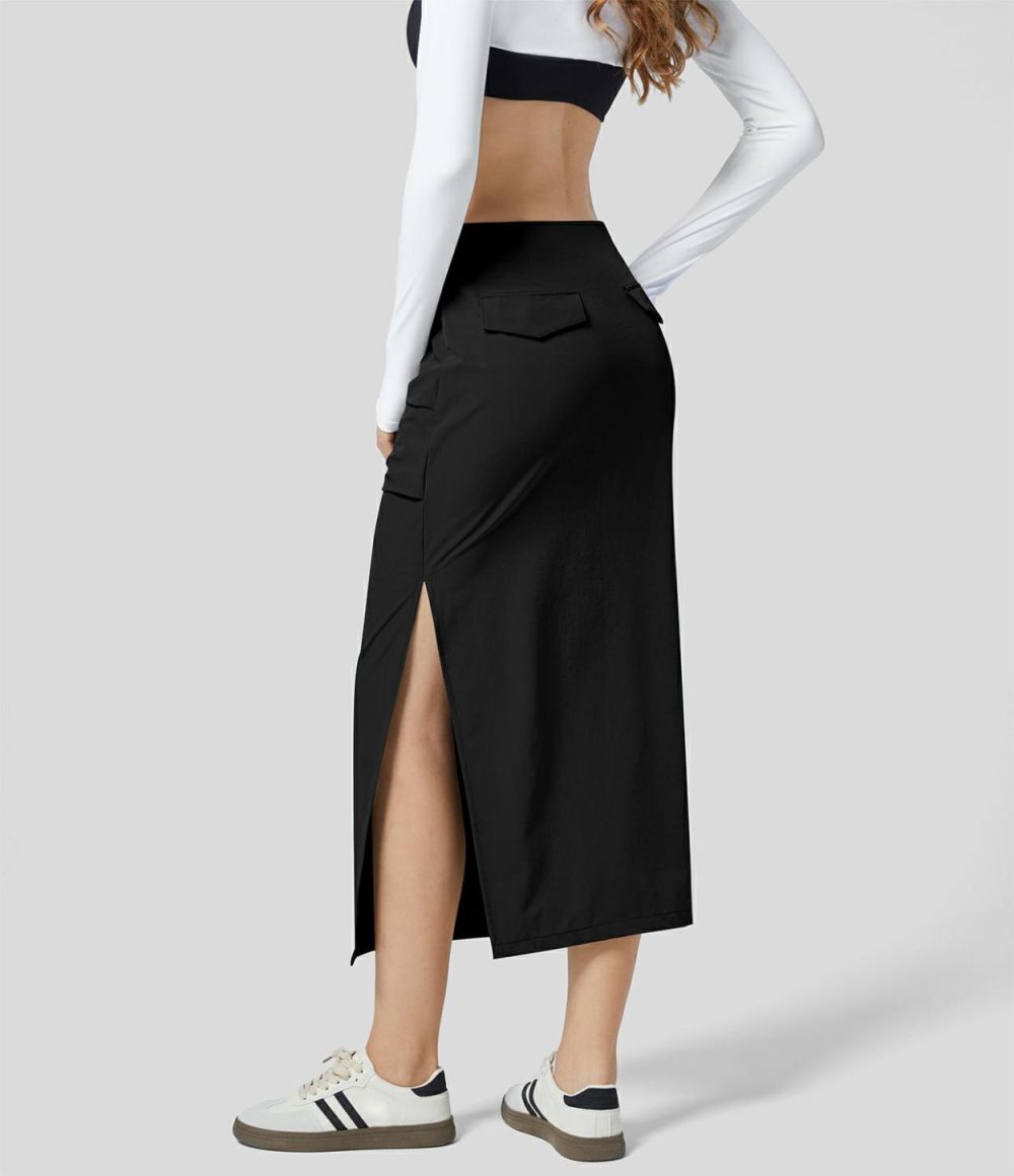 Mid Rise Side Invisible Zipper Ruched Split Hem Straight Midi Casual Cargo Skirt  | Womens  Cargo Pants Cargo Pants Black/Cloudburst