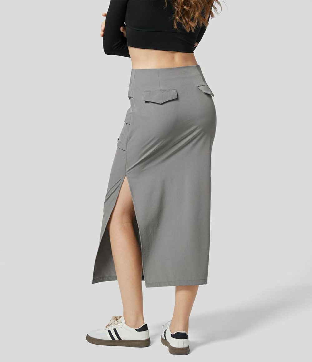 Mid Rise Side Invisible Zipper Ruched Split Hem Straight Midi Casual Cargo Skirt  | Womens  Cargo Pants Cargo Pants Black/Cloudburst