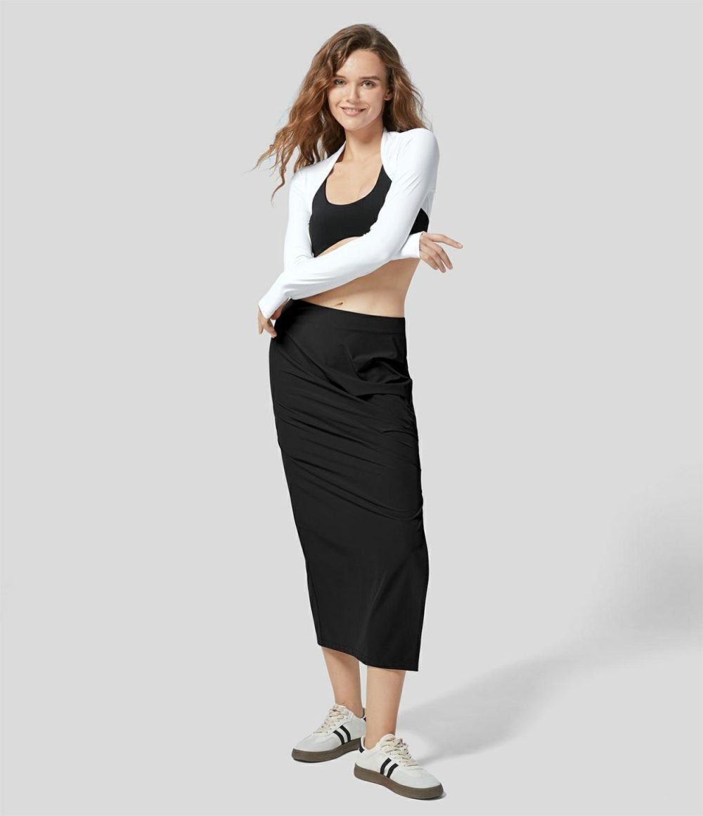 Mid Rise Side Invisible Zipper Ruched Split Hem Straight Midi Casual Cargo Skirt  | Womens  Cargo Pants Cargo Pants Black/Cloudburst