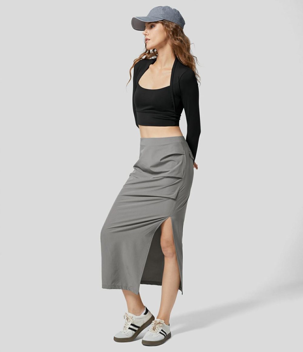 Mid Rise Side Invisible Zipper Ruched Split Hem Straight Midi Casual Cargo Skirt  | Womens  Cargo Pants Cargo Pants Black/Cloudburst