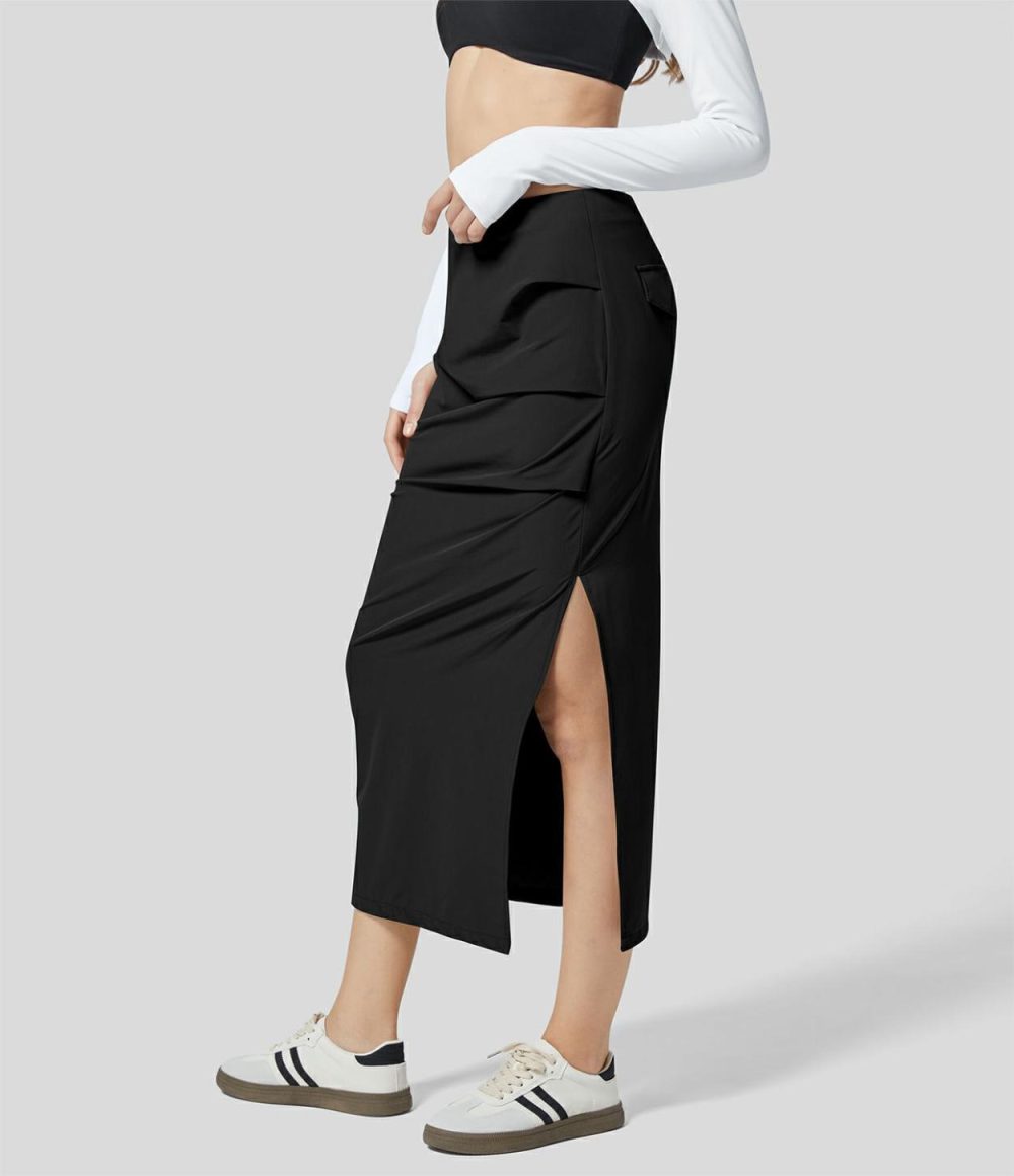 Mid Rise Side Invisible Zipper Ruched Split Hem Straight Midi Casual Cargo Skirt  | Womens  Cargo Pants Cargo Pants Black/Cloudburst