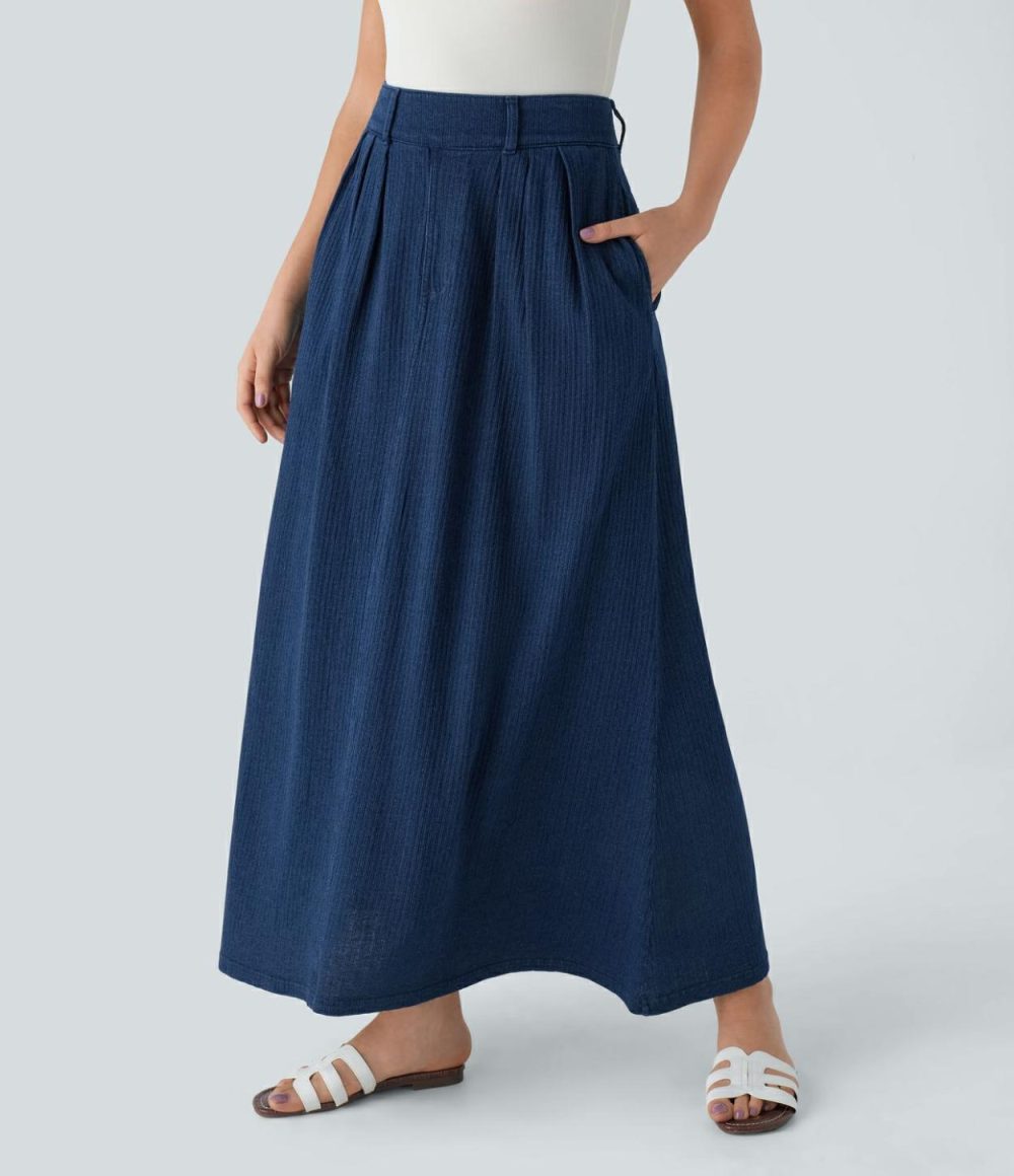 Mid Rise Side Pocket A Line Maxi Washed Stretchy Knit Denim Casual Skirt  | Womens  Denim Shorts Clothing Dark Marl Blue Denim/Blue Bush Denim