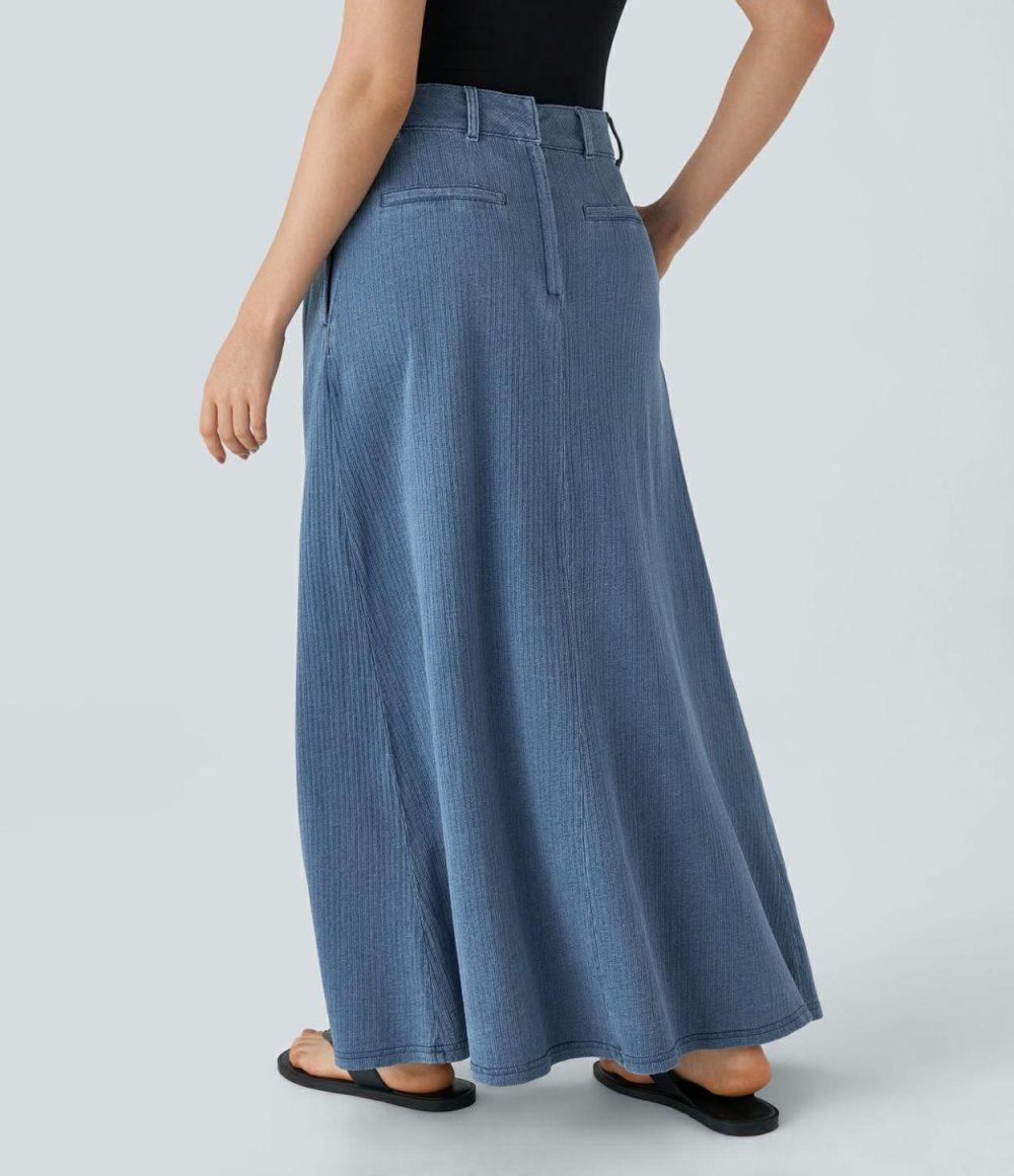 Mid Rise Side Pocket A Line Maxi Washed Stretchy Knit Denim Casual Skirt  | Womens  Denim Shorts Clothing Dark Marl Blue Denim/Blue Bush Denim