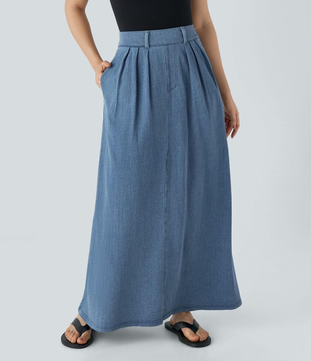 Mid Rise Side Pocket A Line Maxi Washed Stretchy Knit Denim Casual Skirt  | Womens  Denim Shorts Clothing Dark Marl Blue Denim/Blue Bush Denim