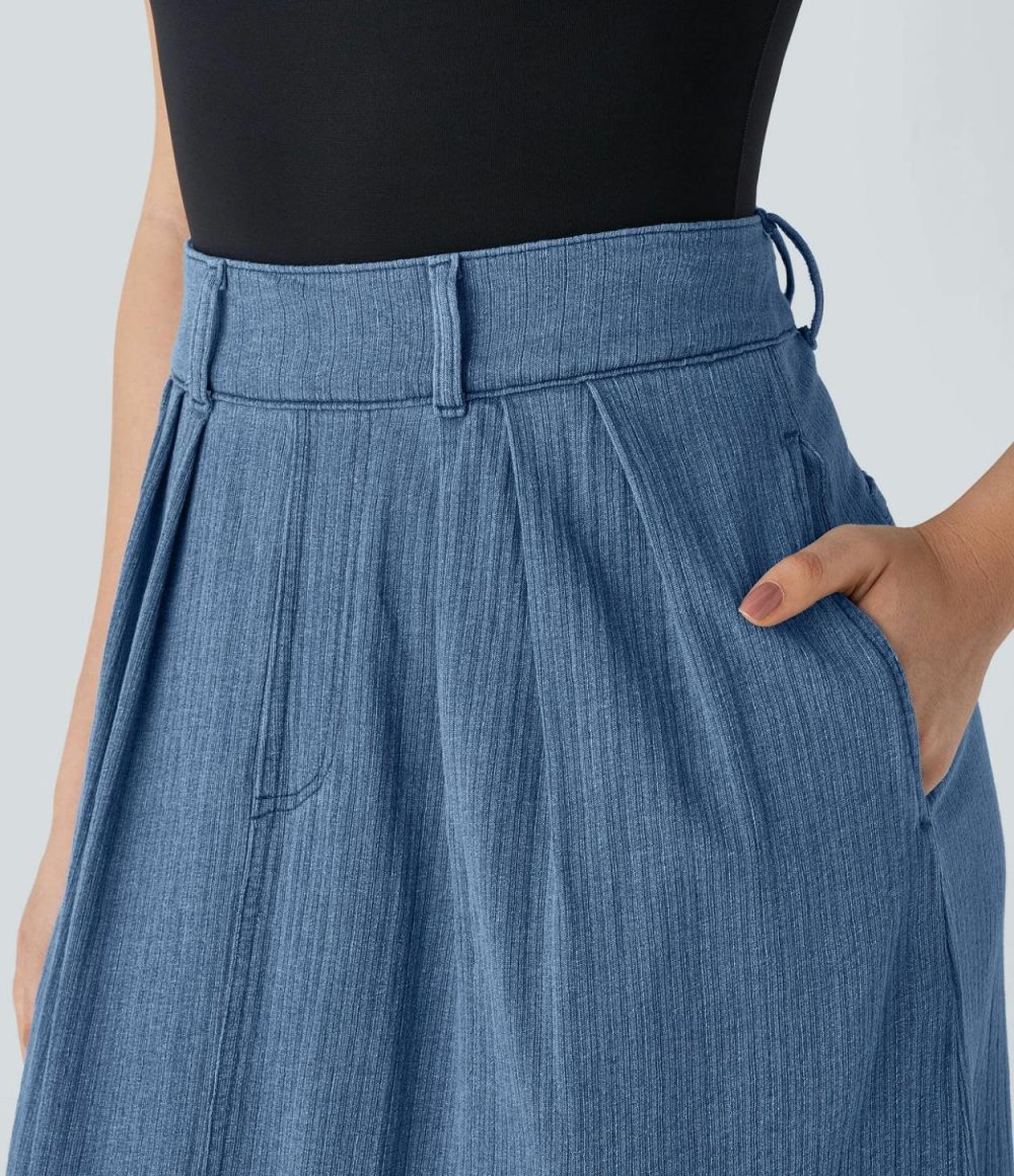 Mid Rise Side Pocket A Line Maxi Washed Stretchy Knit Denim Casual Skirt  | Womens  Denim Shorts Clothing Dark Marl Blue Denim/Blue Bush Denim