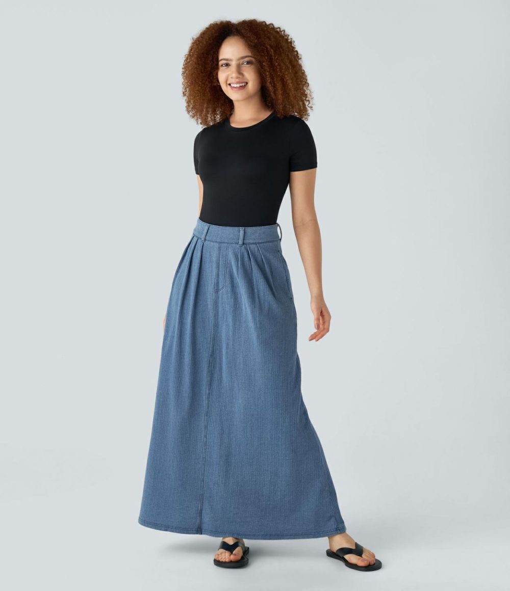 Mid Rise Side Pocket A Line Maxi Washed Stretchy Knit Denim Casual Skirt  | Womens  Denim Shorts Clothing Dark Marl Blue Denim/Blue Bush Denim