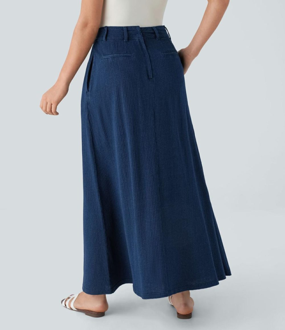 Mid Rise Side Pocket A Line Maxi Washed Stretchy Knit Denim Casual Skirt  | Womens  Denim Shorts Clothing Dark Marl Blue Denim/Blue Bush Denim