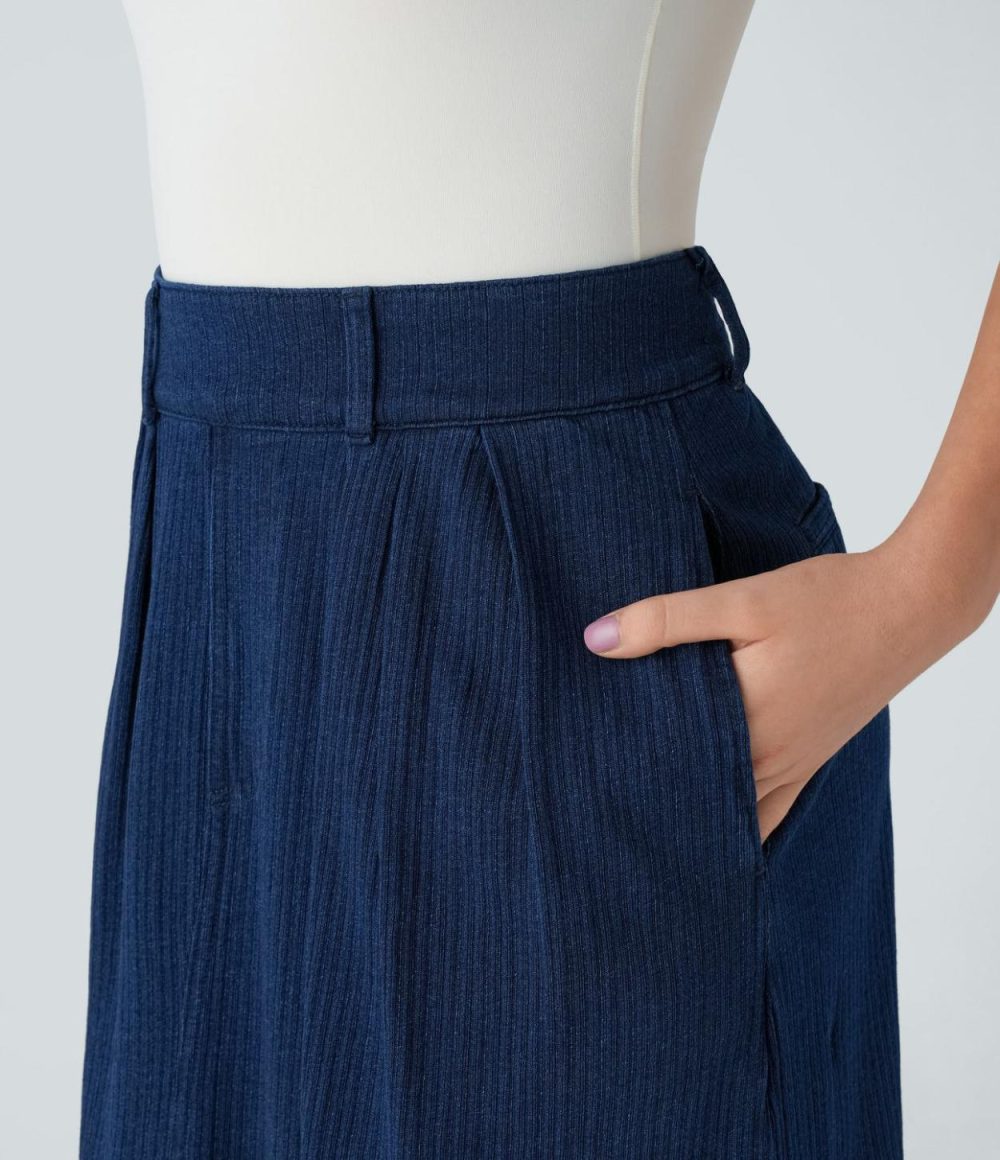 Mid Rise Side Pocket A Line Maxi Washed Stretchy Knit Denim Casual Skirt  | Womens  Denim Shorts Clothing Dark Marl Blue Denim/Blue Bush Denim