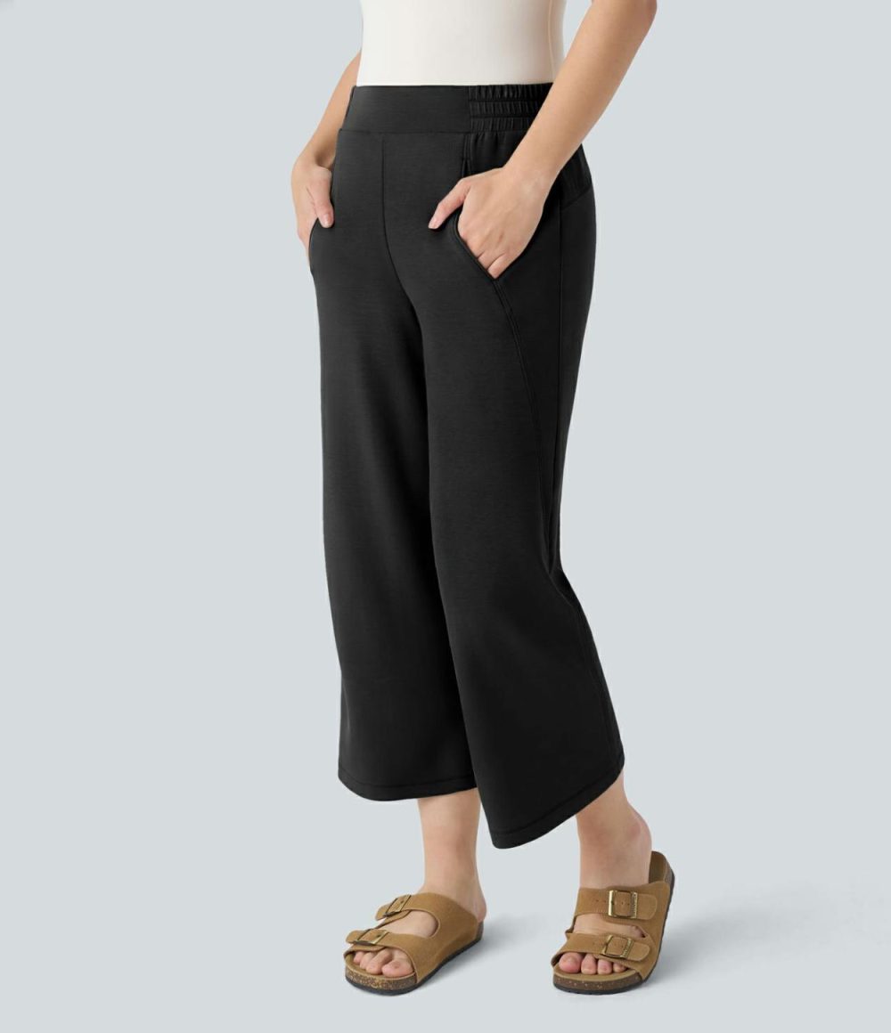 Mid Rise Side Pocket Straight Leg Casual Cropped Pants  | Womens  Cropped Tops Clothing Asparagus/Black