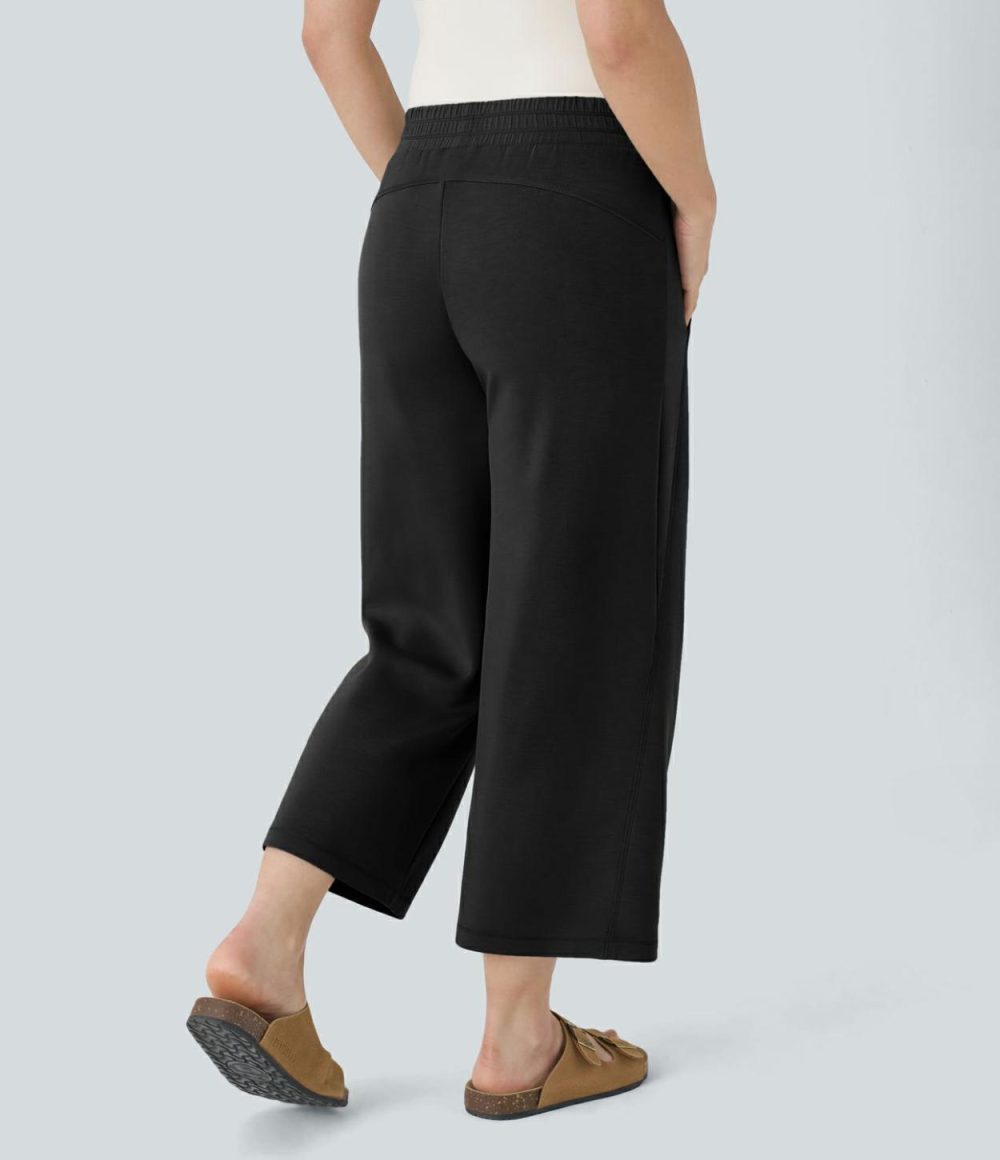 Mid Rise Side Pocket Straight Leg Casual Cropped Pants  | Womens  Cropped Tops Clothing Asparagus/Black