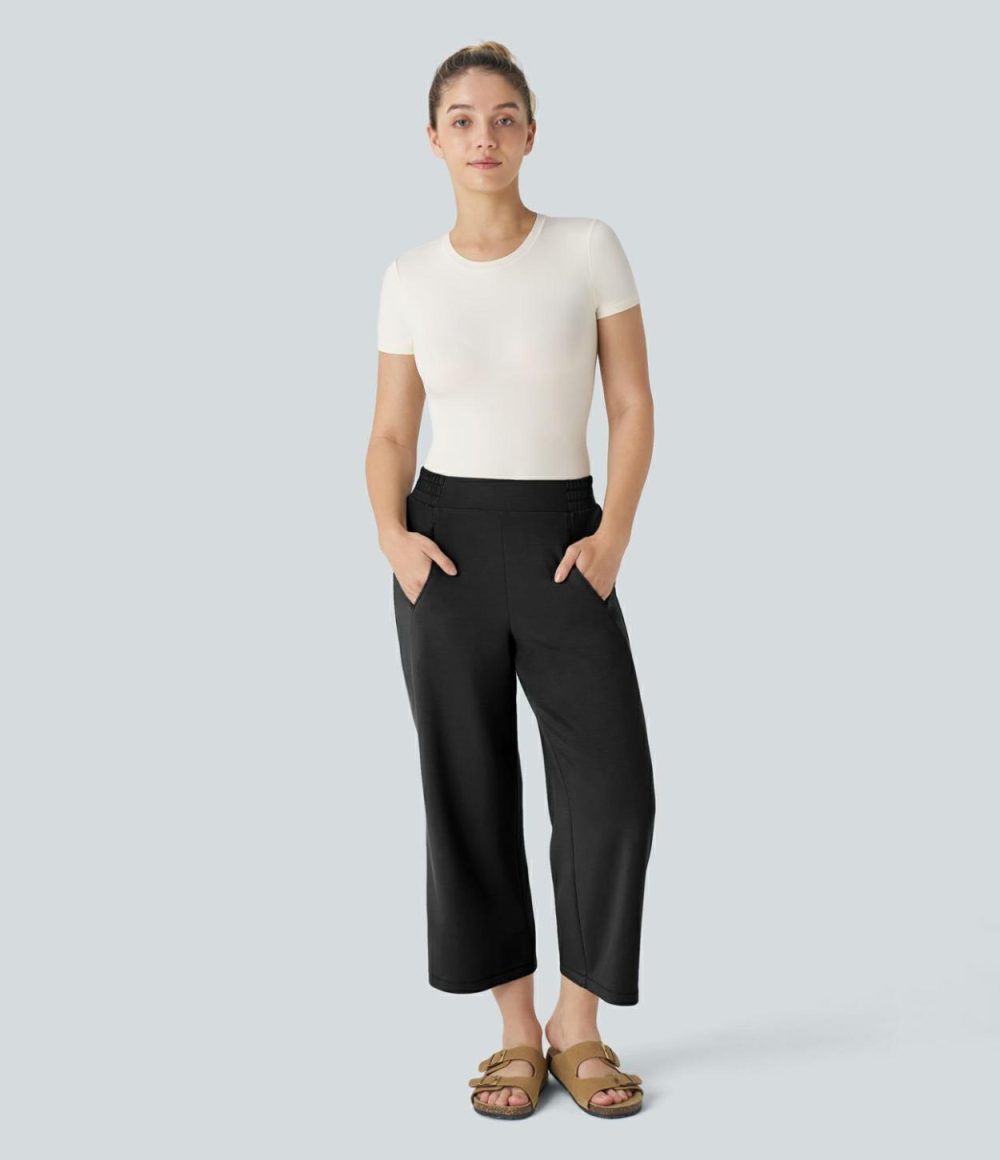 Mid Rise Side Pocket Straight Leg Casual Cropped Pants  | Womens  Cropped Tops Clothing Asparagus/Black