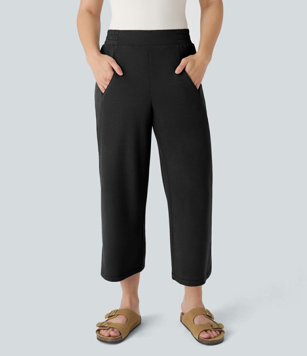 Mid Rise Side Pocket Straight Leg Casual Cropped Pants  | Womens  Cropped Tops Clothing Asparagus/Black