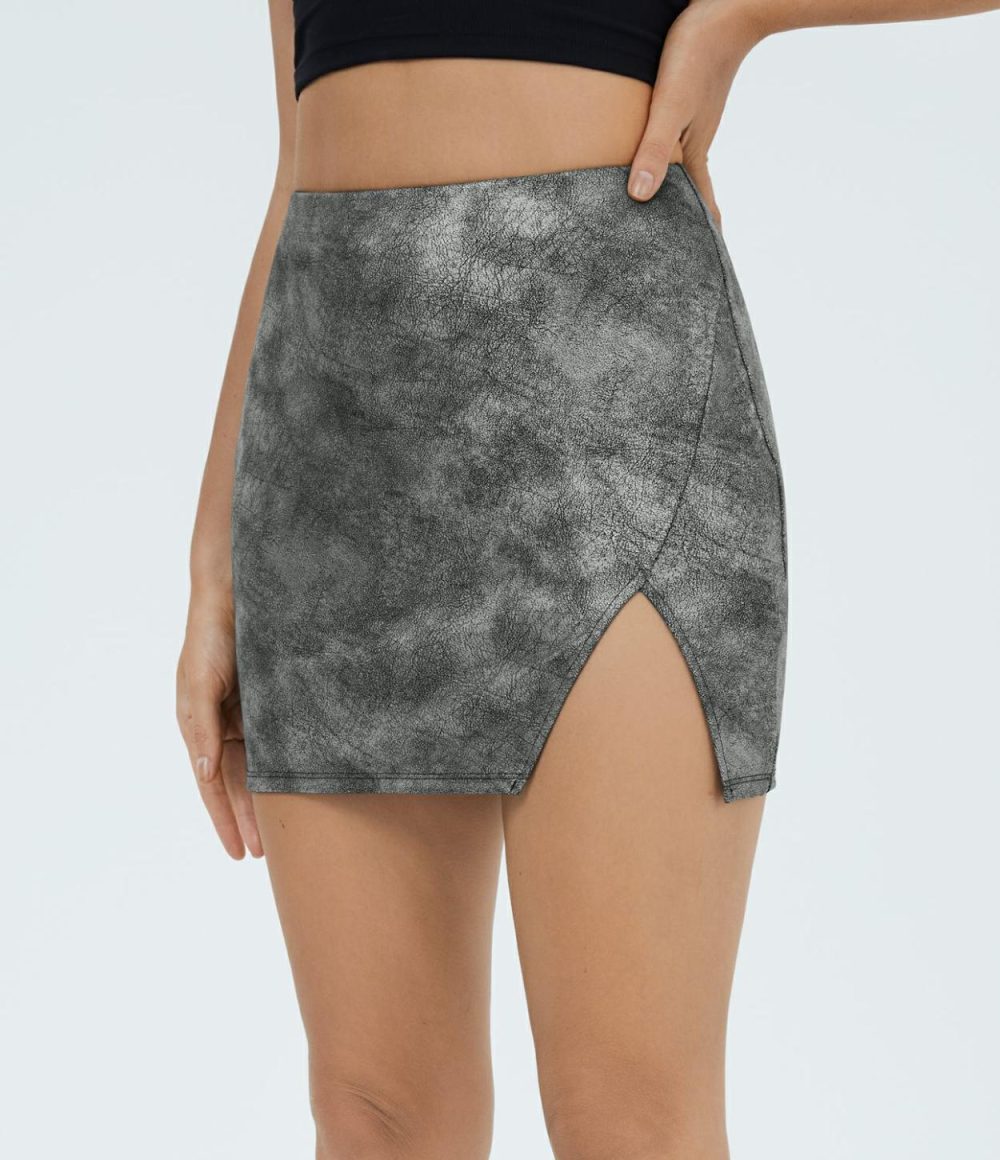 Mid Rise Side Split 2-in-1 Bodycon Stretchy Crackle Mini Casual Skirt  | Womens  Mini Skirts Clothing Cracked Titanium Grey