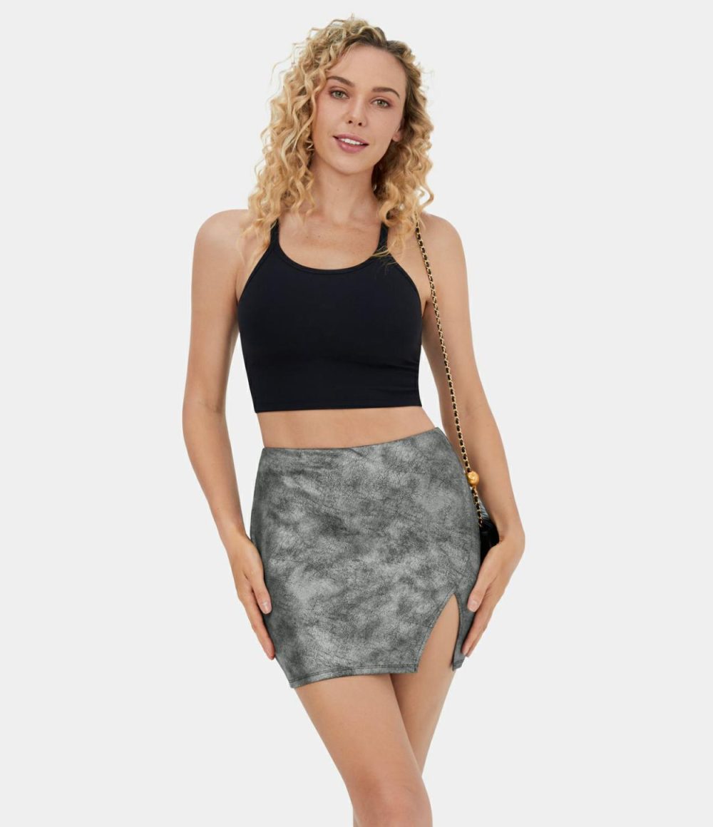 Mid Rise Side Split 2-in-1 Bodycon Stretchy Crackle Mini Casual Skirt  | Womens  Mini Skirts Clothing Cracked Titanium Grey