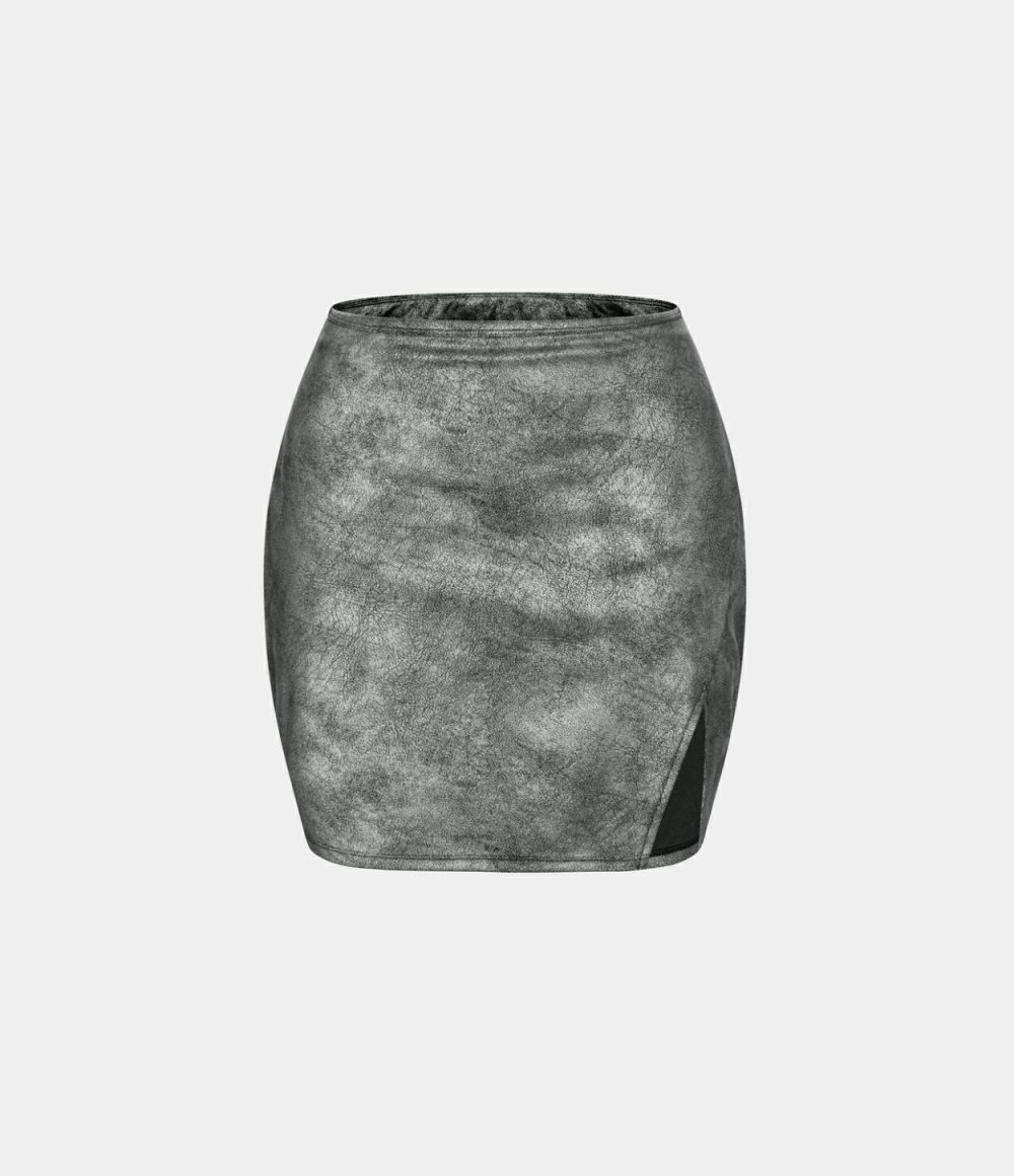 Mid Rise Side Split 2-in-1 Bodycon Stretchy Crackle Mini Casual Skirt  | Womens  Mini Skirts Clothing Cracked Titanium Grey