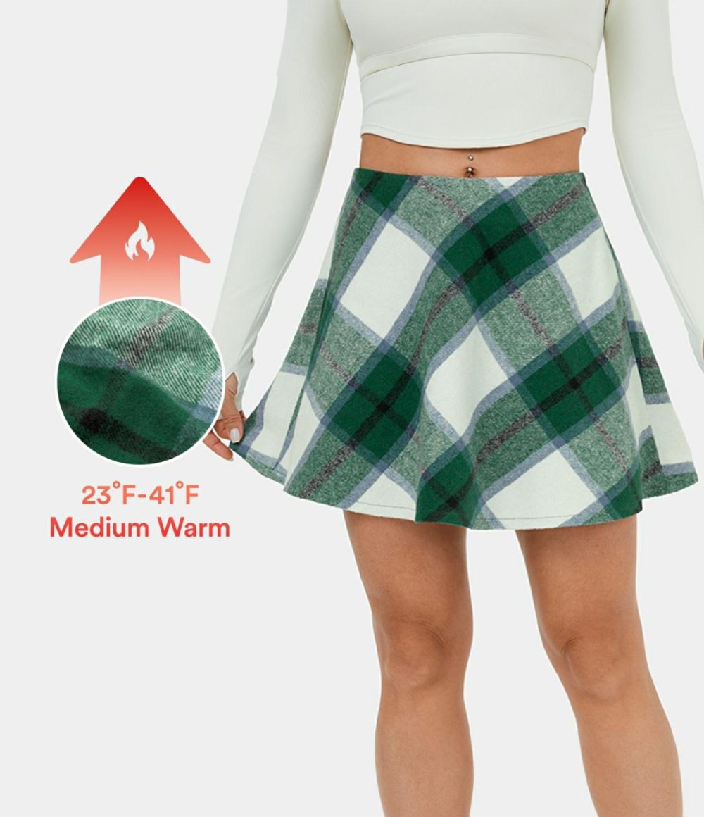 Mid Rise Side Zipper A Line 2-in-1 Plaid Fleece Mini Casual Skirt  | Womens  Mini Skirts Clothing Green White Plaid/Blue Grey Plaid