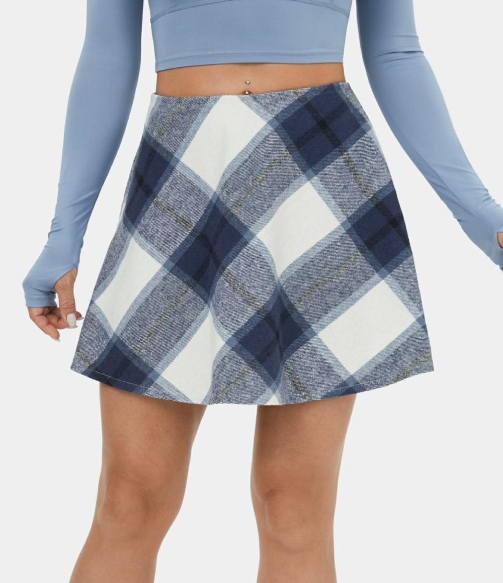 Mid Rise Side Zipper A Line 2-in-1 Plaid Fleece Mini Casual Skirt  | Womens  Mini Skirts Clothing Green White Plaid/Blue Grey Plaid