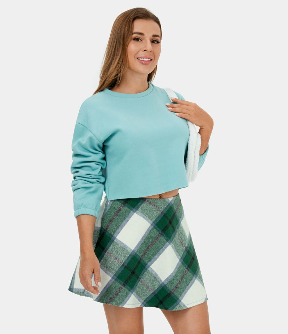 Mid Rise Side Zipper A Line 2-in-1 Plaid Fleece Mini Casual Skirt  | Womens  Mini Skirts Clothing Green White Plaid/Blue Grey Plaid