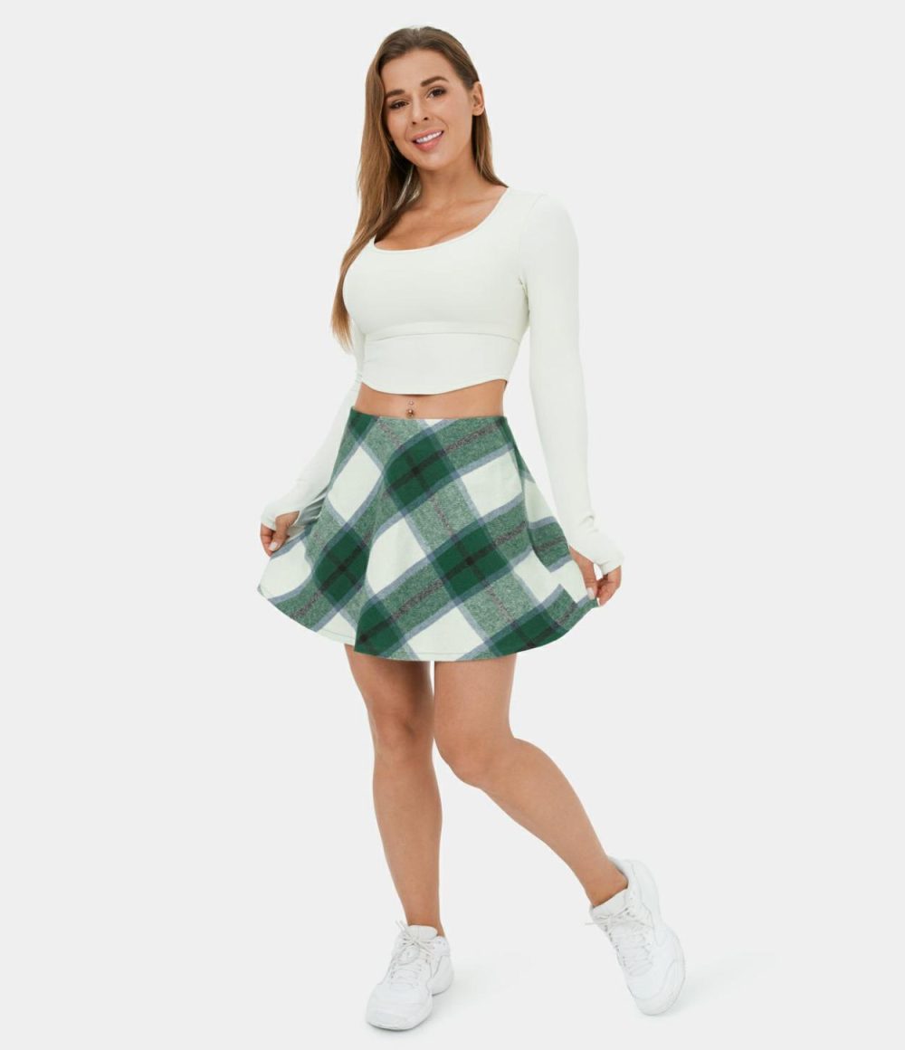 Mid Rise Side Zipper A Line 2-in-1 Plaid Fleece Mini Casual Skirt  | Womens  Mini Skirts Clothing Green White Plaid/Blue Grey Plaid