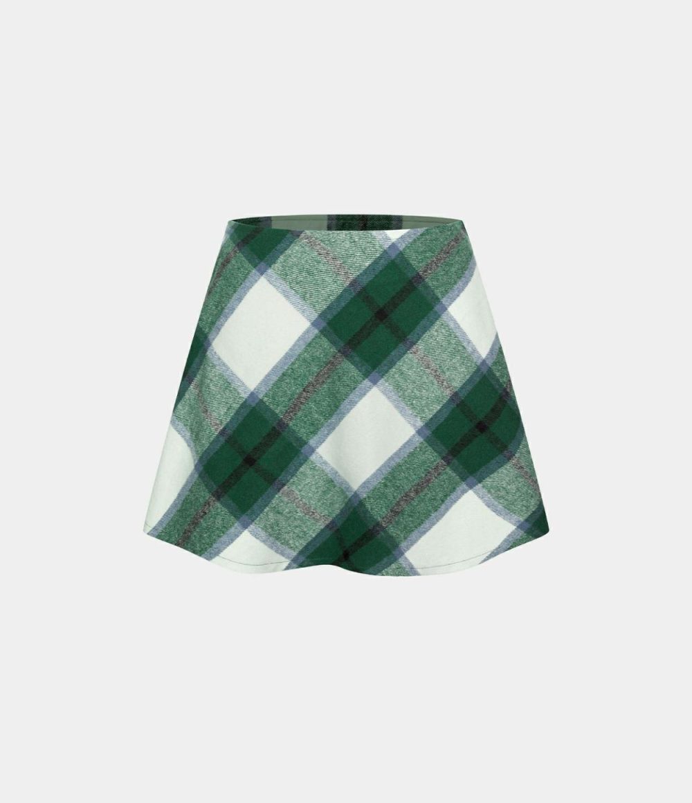 Mid Rise Side Zipper A Line 2-in-1 Plaid Fleece Mini Casual Skirt  | Womens  Mini Skirts Clothing Green White Plaid/Blue Grey Plaid