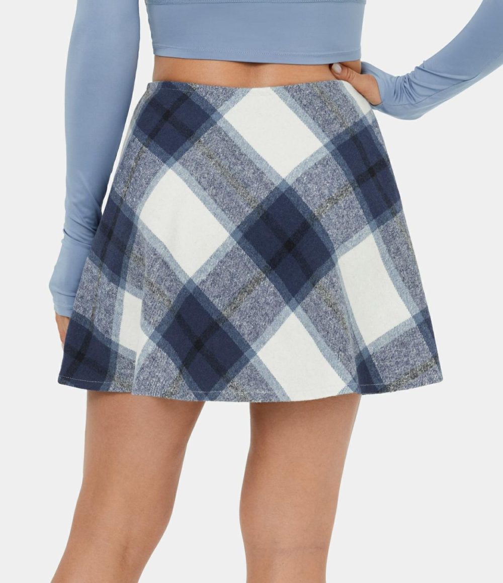 Mid Rise Side Zipper A Line 2-in-1 Plaid Fleece Mini Casual Skirt  | Womens  Mini Skirts Clothing Green White Plaid/Blue Grey Plaid