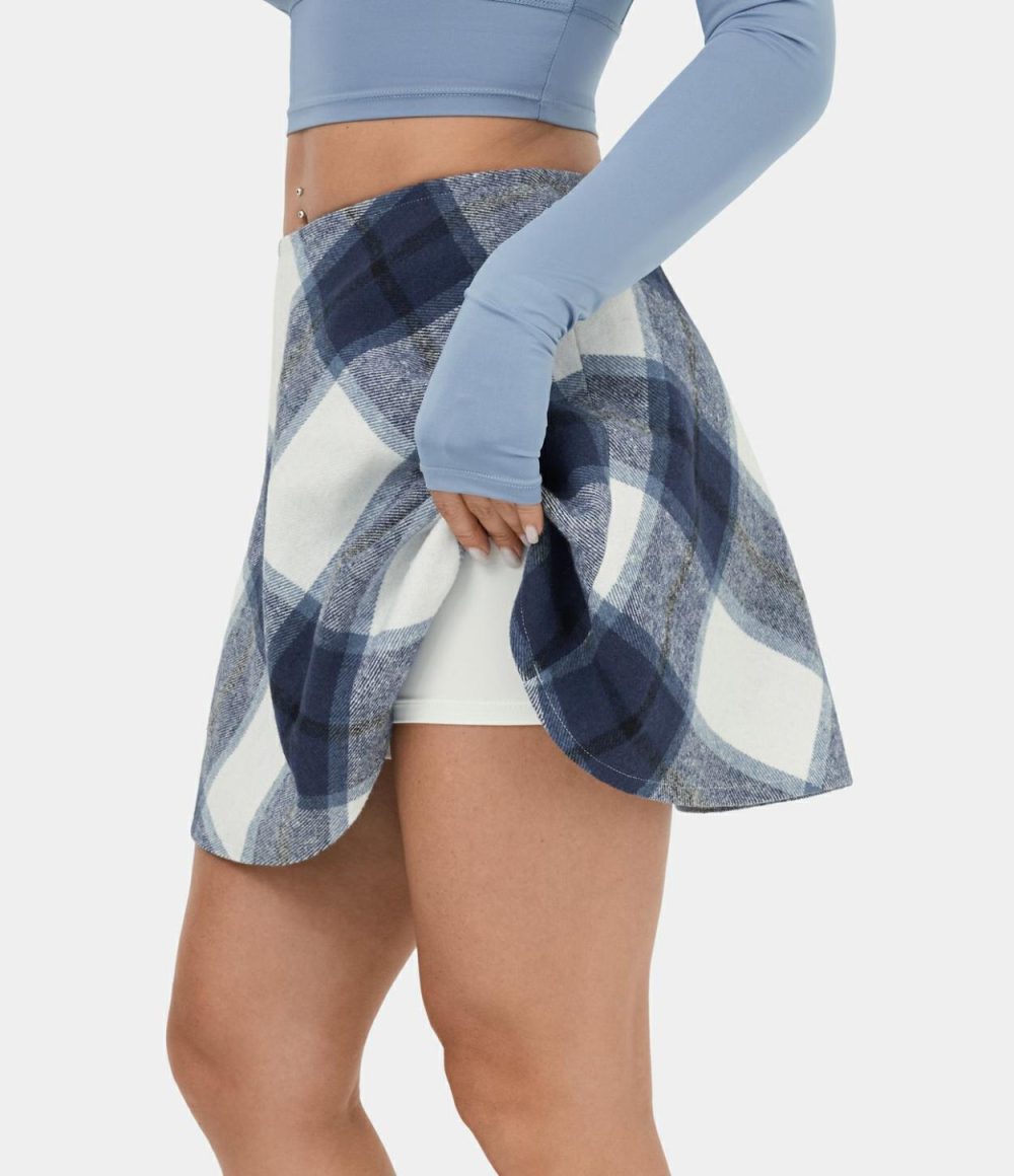 Mid Rise Side Zipper A Line 2-in-1 Plaid Fleece Mini Casual Skirt  | Womens  Mini Skirts Clothing Green White Plaid/Blue Grey Plaid