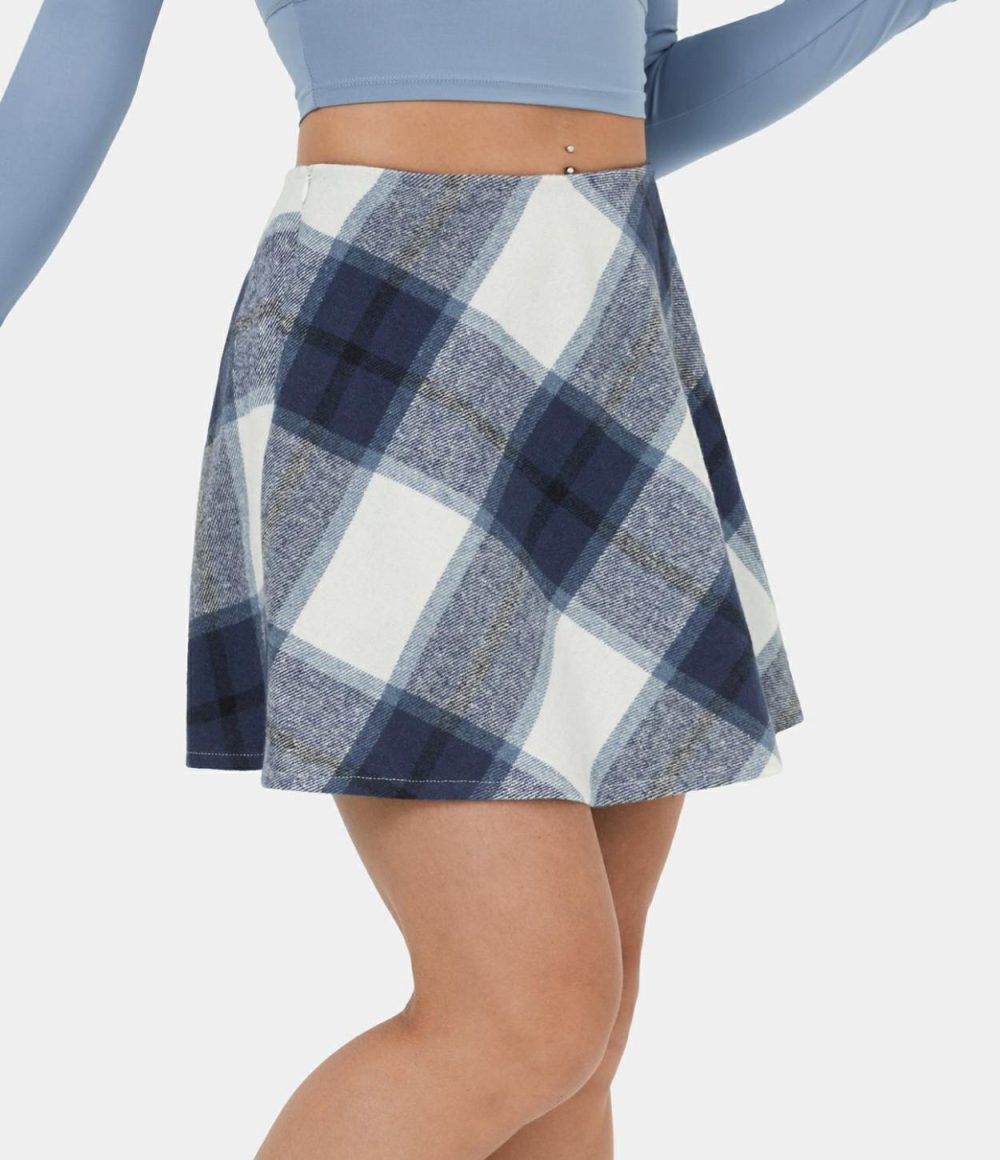 Mid Rise Side Zipper A Line 2-in-1 Plaid Fleece Mini Casual Skirt  | Womens  Mini Skirts Clothing Green White Plaid/Blue Grey Plaid