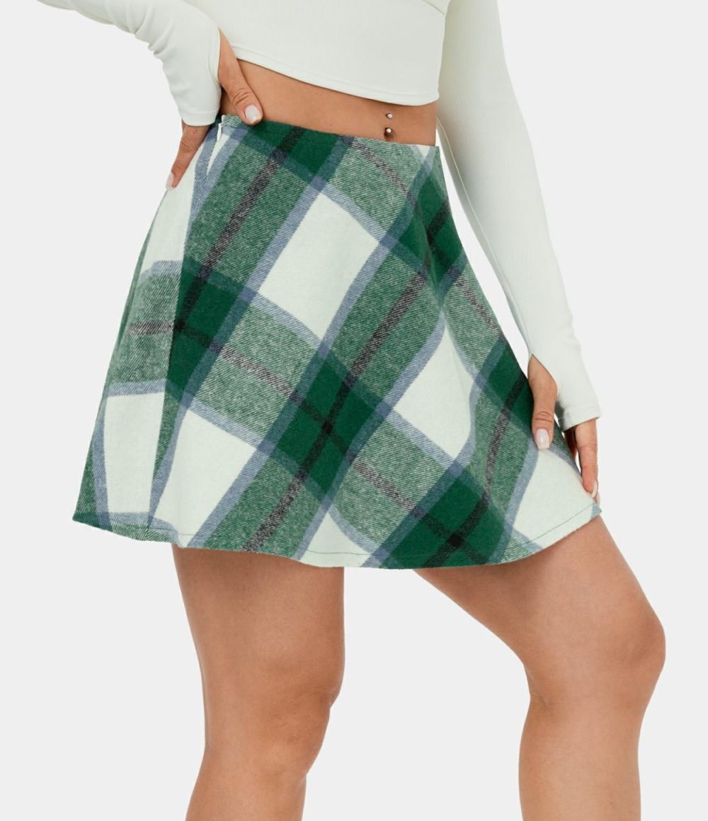 Mid Rise Side Zipper A Line 2-in-1 Plaid Fleece Mini Casual Skirt  | Womens  Mini Skirts Clothing Green White Plaid/Blue Grey Plaid