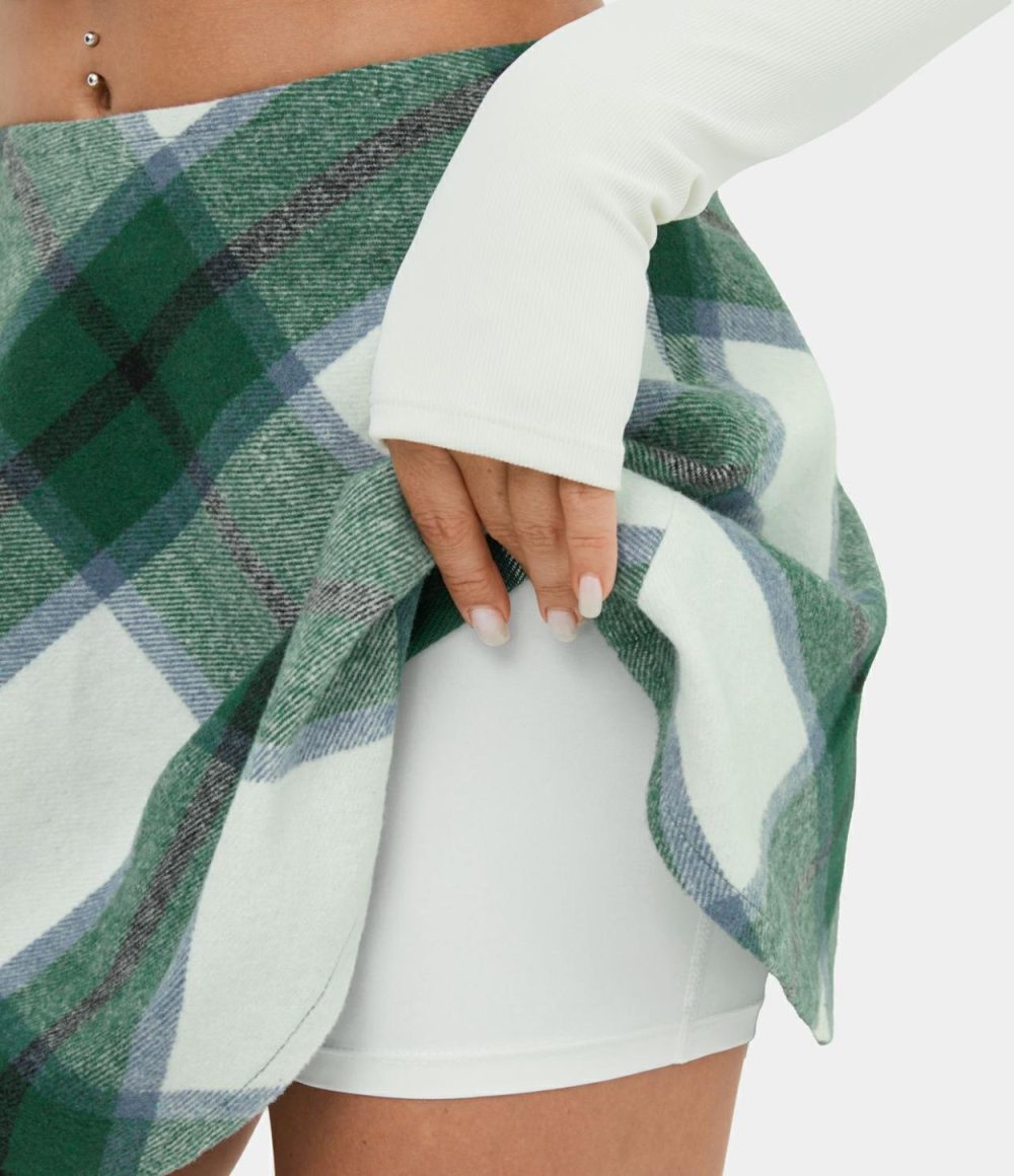 Mid Rise Side Zipper A Line 2-in-1 Plaid Fleece Mini Casual Skirt  | Womens  Mini Skirts Clothing Green White Plaid/Blue Grey Plaid