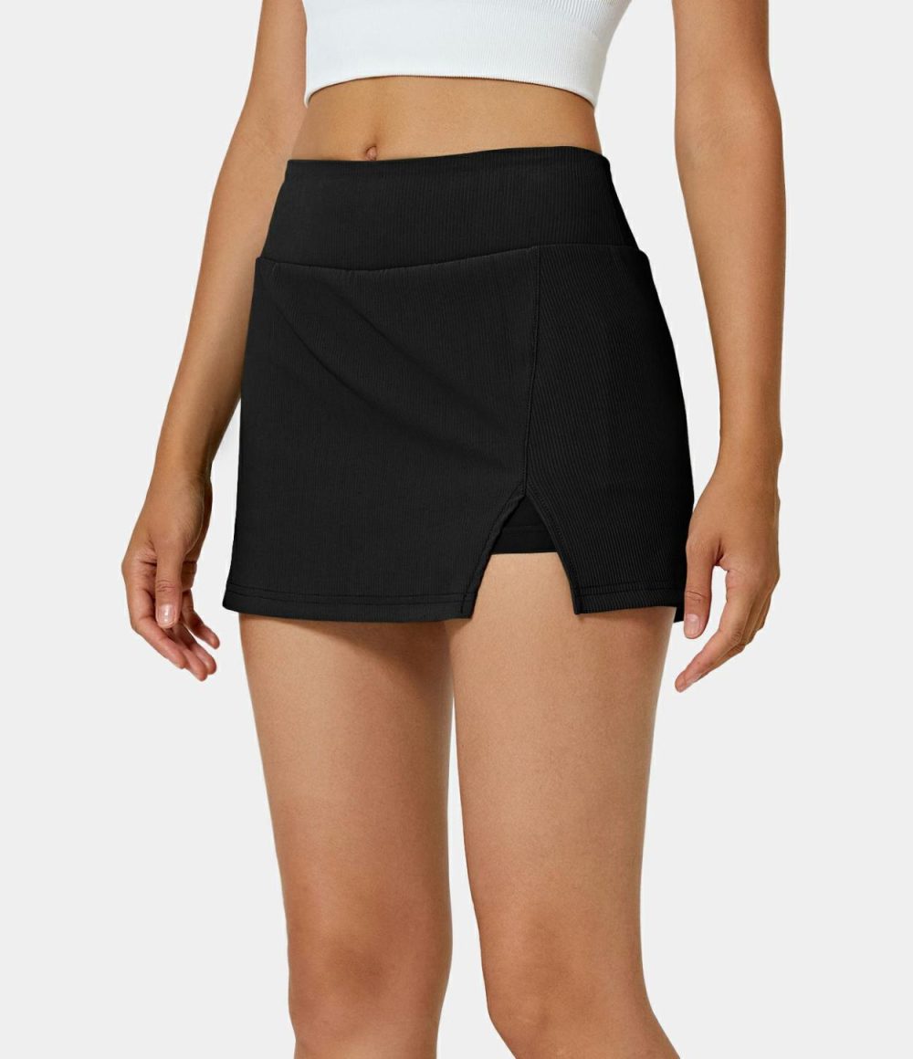 Mid Rise Split Hem 2-in-1 Skirt  | Womens  Mini Skirts Clothing Fern/Black/White/Quiet Harbor