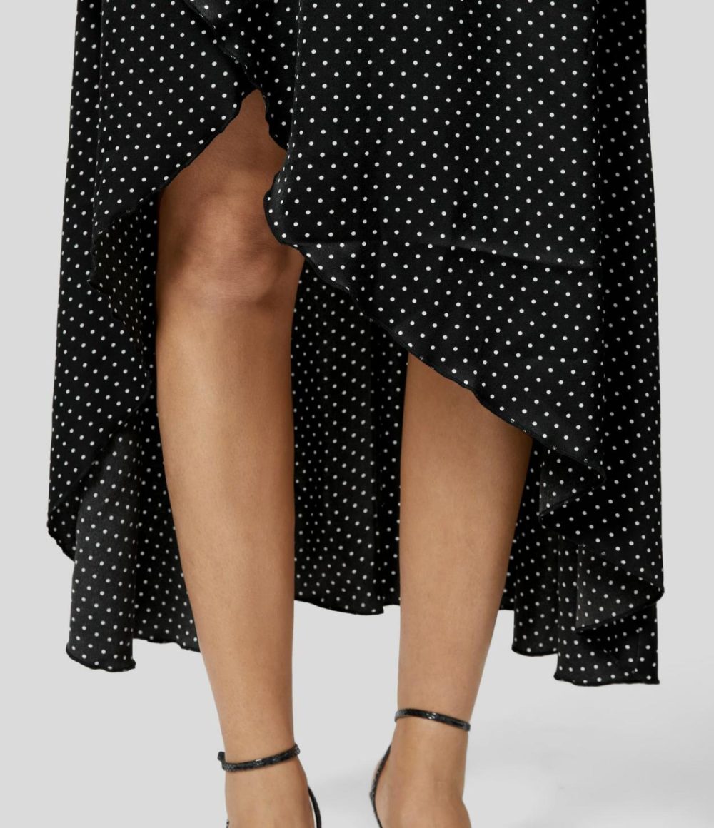 Mid Rise Zipper High Low Ruffle Polka Dot Flowy Casual Regular Maxi Skirt  | Womens  Everyday Skirts Clothing Black Polka Dots/Red Polka Dots