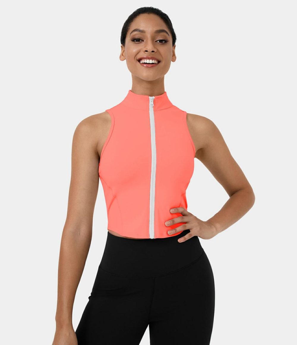 Mock Neck Zip Front Sleeveless Cropped Tank Top  | Womens  Cropped Tops Clothing Black/White/Fusion Coral/Baby Lavender/Hedge Green/Jade Purple/Fresh Blue/Dreamy Peach Pink