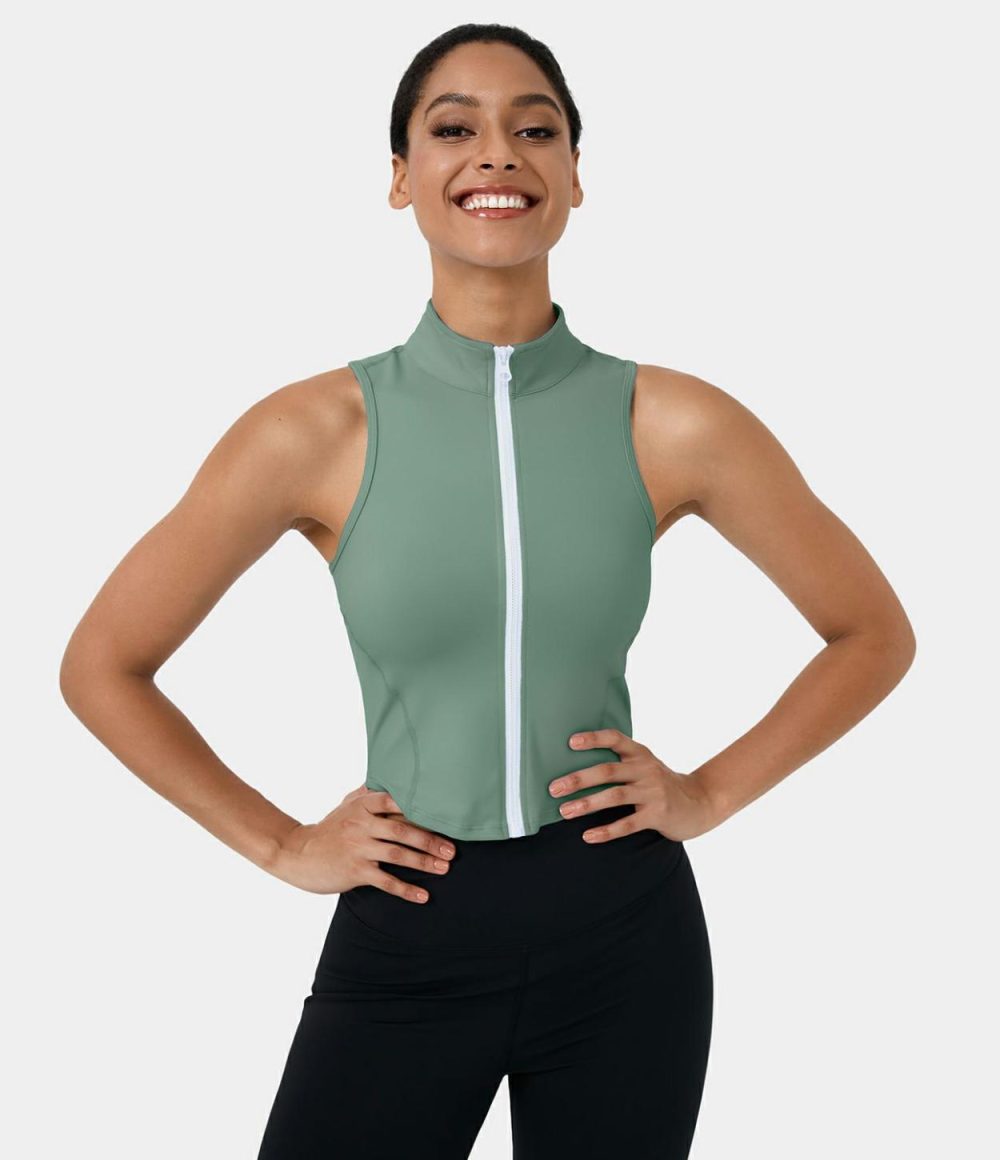 Mock Neck Zip Front Sleeveless Cropped Tank Top  | Womens  Cropped Tops Clothing Black/White/Fusion Coral/Baby Lavender/Hedge Green/Jade Purple/Fresh Blue/Dreamy Peach Pink