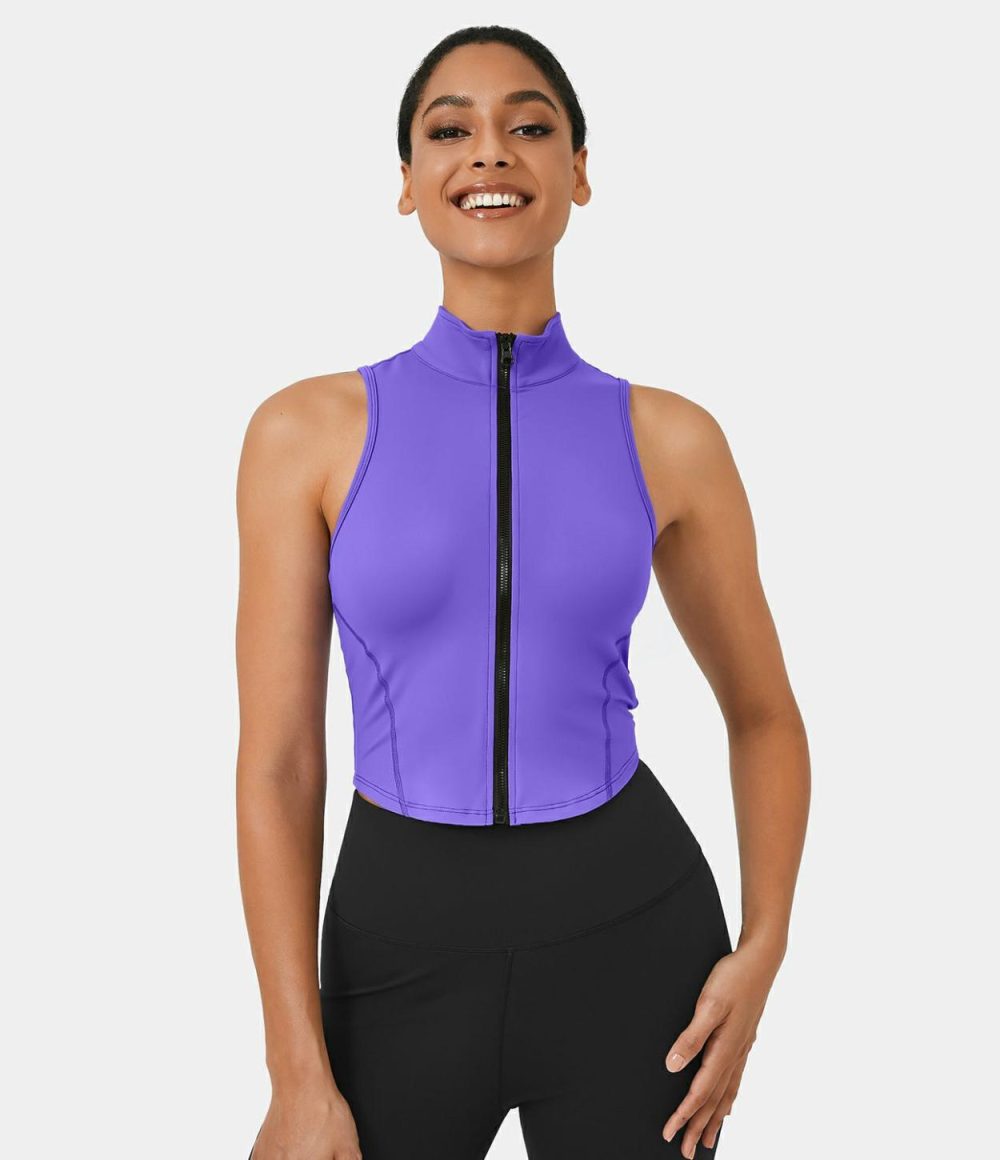 Mock Neck Zip Front Sleeveless Cropped Tank Top  | Womens  Cropped Tops Clothing Black/White/Fusion Coral/Baby Lavender/Hedge Green/Jade Purple/Fresh Blue/Dreamy Peach Pink