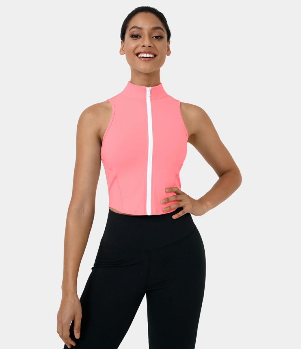 Mock Neck Zip Front Sleeveless Cropped Tank Top  | Womens  Cropped Tops Clothing Black/White/Fusion Coral/Baby Lavender/Hedge Green/Jade Purple/Fresh Blue/Dreamy Peach Pink