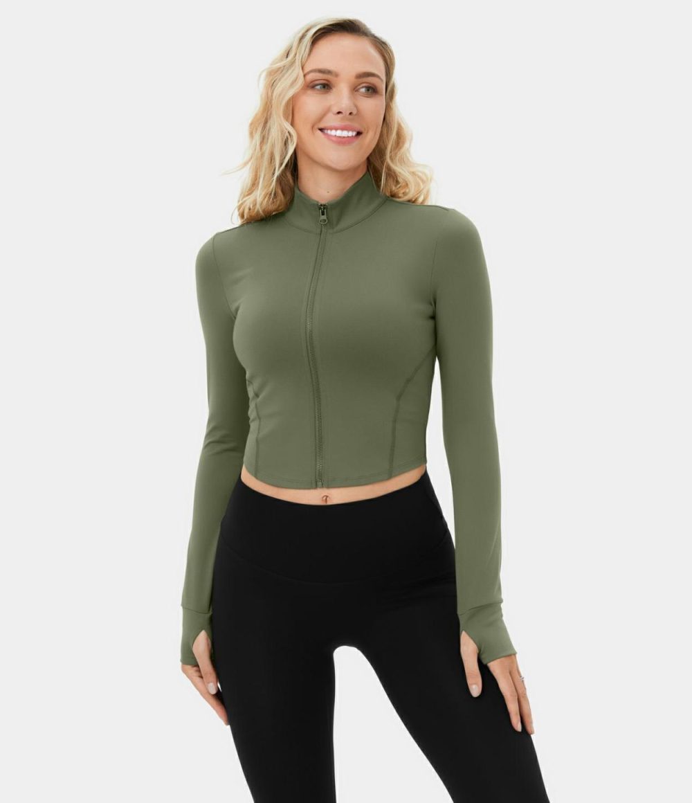 Mock Neck Zip Front Thumb Hole Cropped Golf Jacket  | Womens  Long Sleeve Tops Clothing Black/Wild Grass Green/White