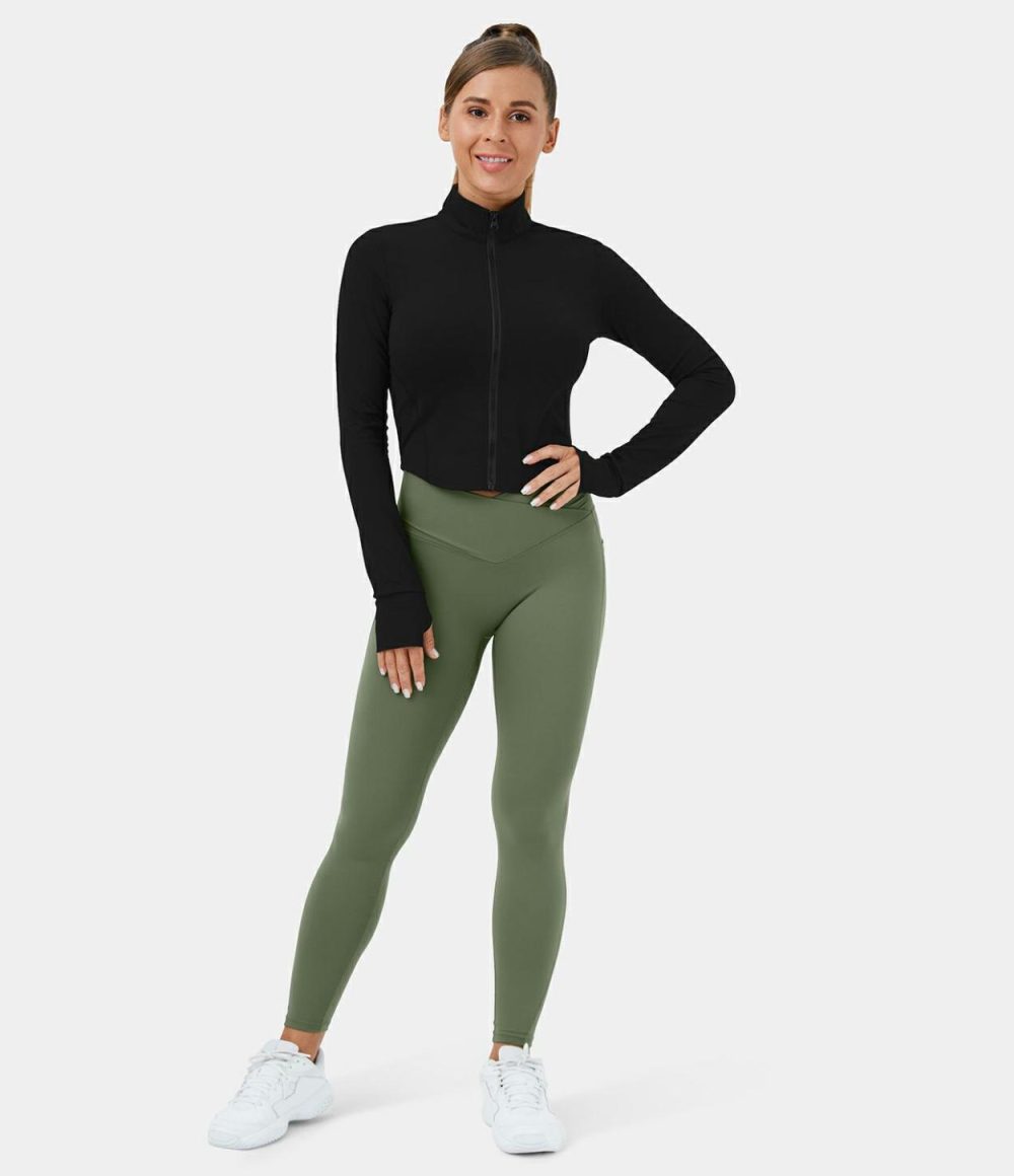 Mock Neck Zip Front Thumb Hole Cropped Golf Jacket  | Womens  Long Sleeve Tops Clothing Black/Wild Grass Green/White