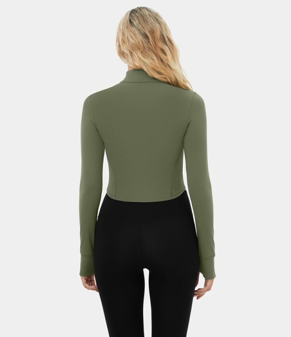 Mock Neck Zip Front Thumb Hole Cropped Golf Jacket  | Womens  Long Sleeve Tops Clothing Black/Wild Grass Green/White